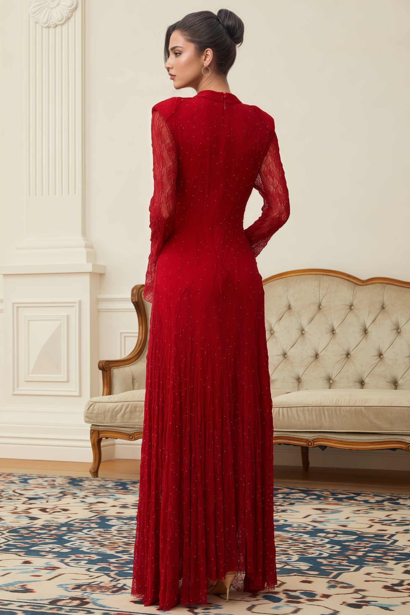 Perrine Red Rhinestone Guipure Lace Maxi Dress