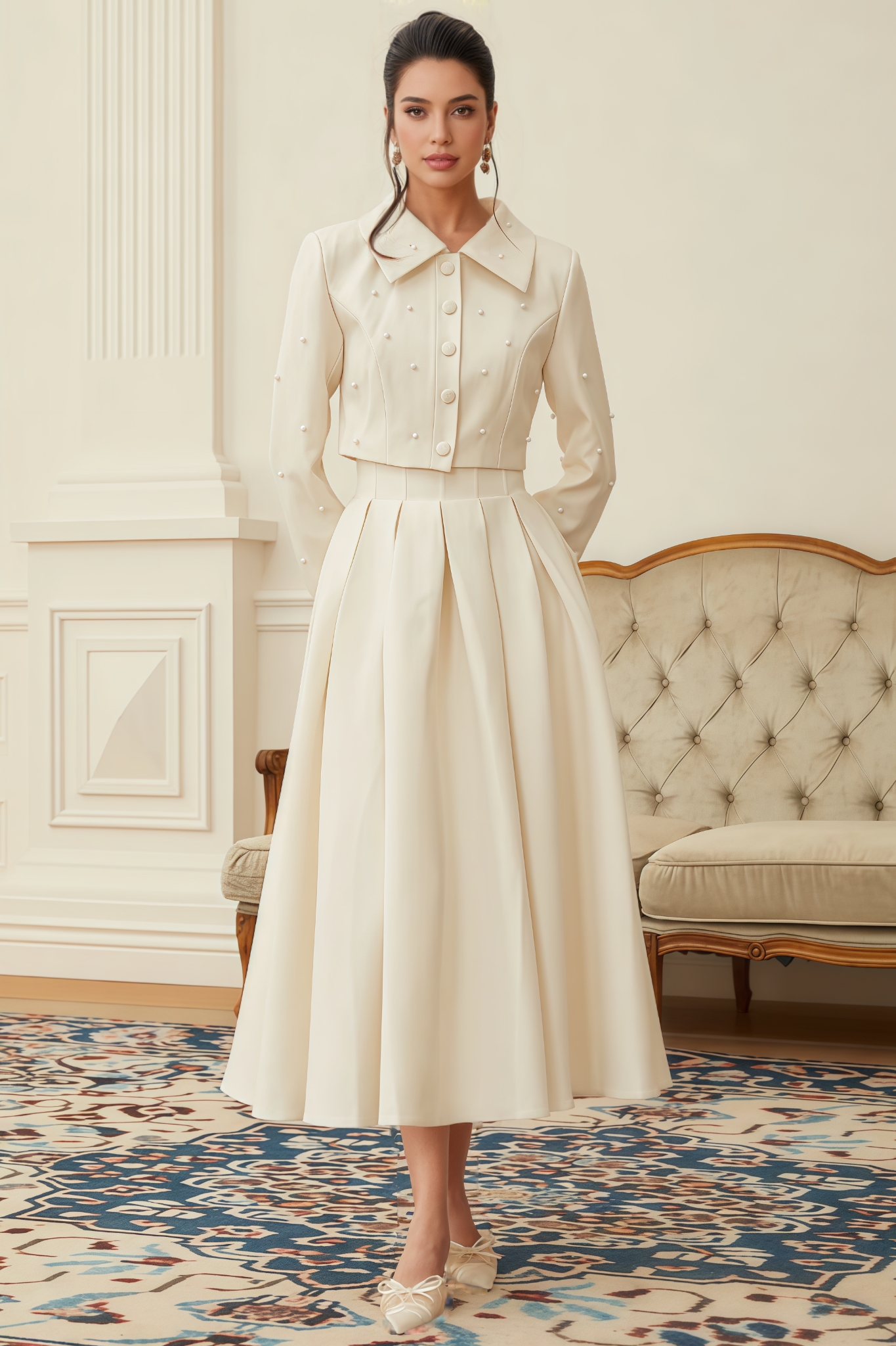 Xyric White Pearl Jacket Maxi Dress Set