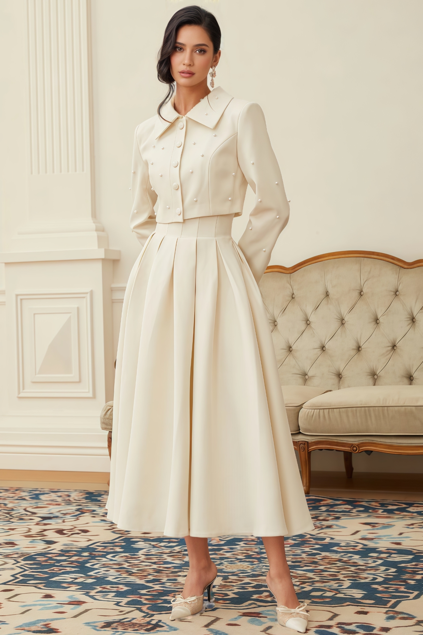 Xyric White Pearl Jacket Maxi Dress Set