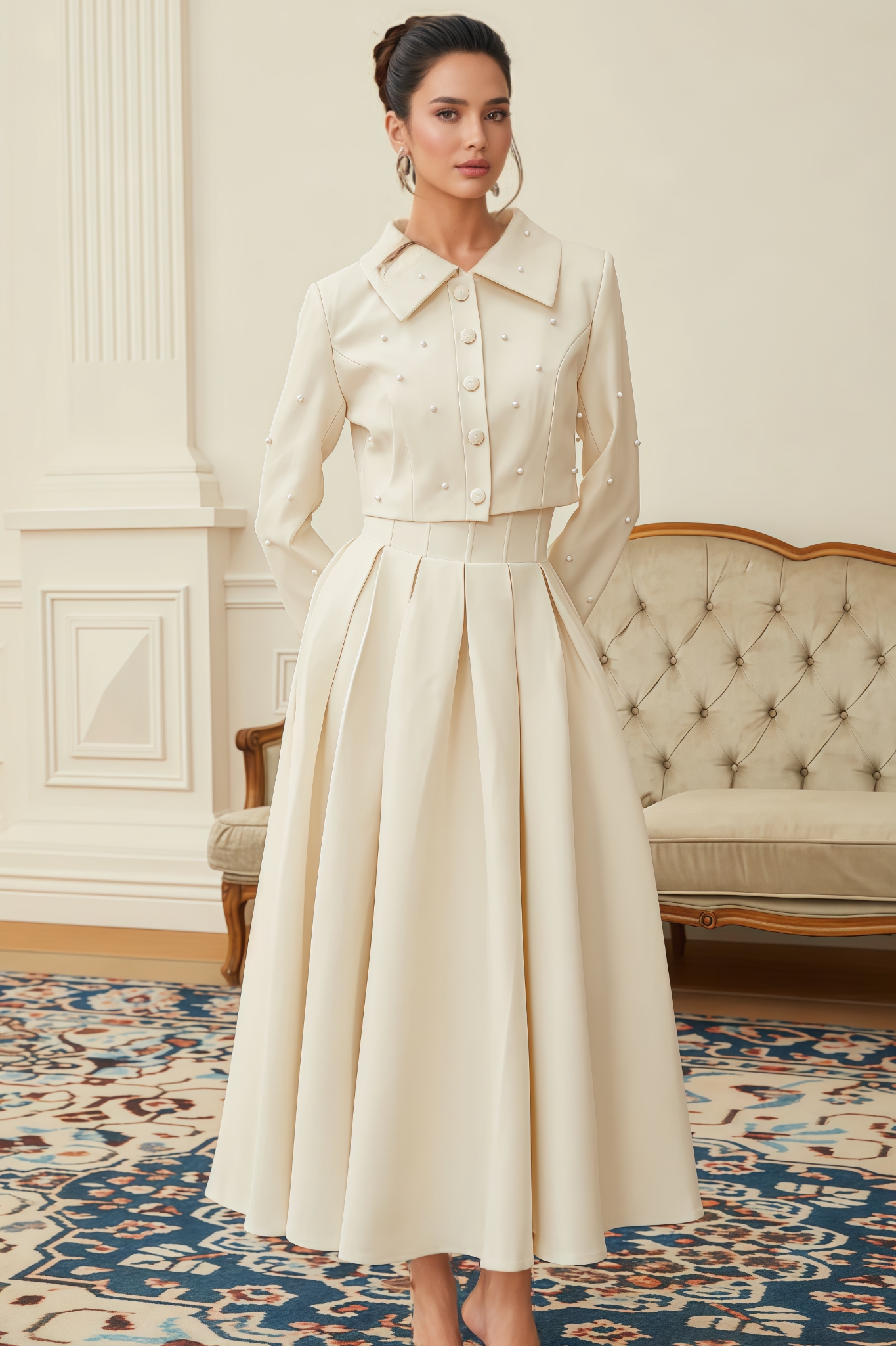 Xyric White Pearl Jacket Maxi Dress Set
