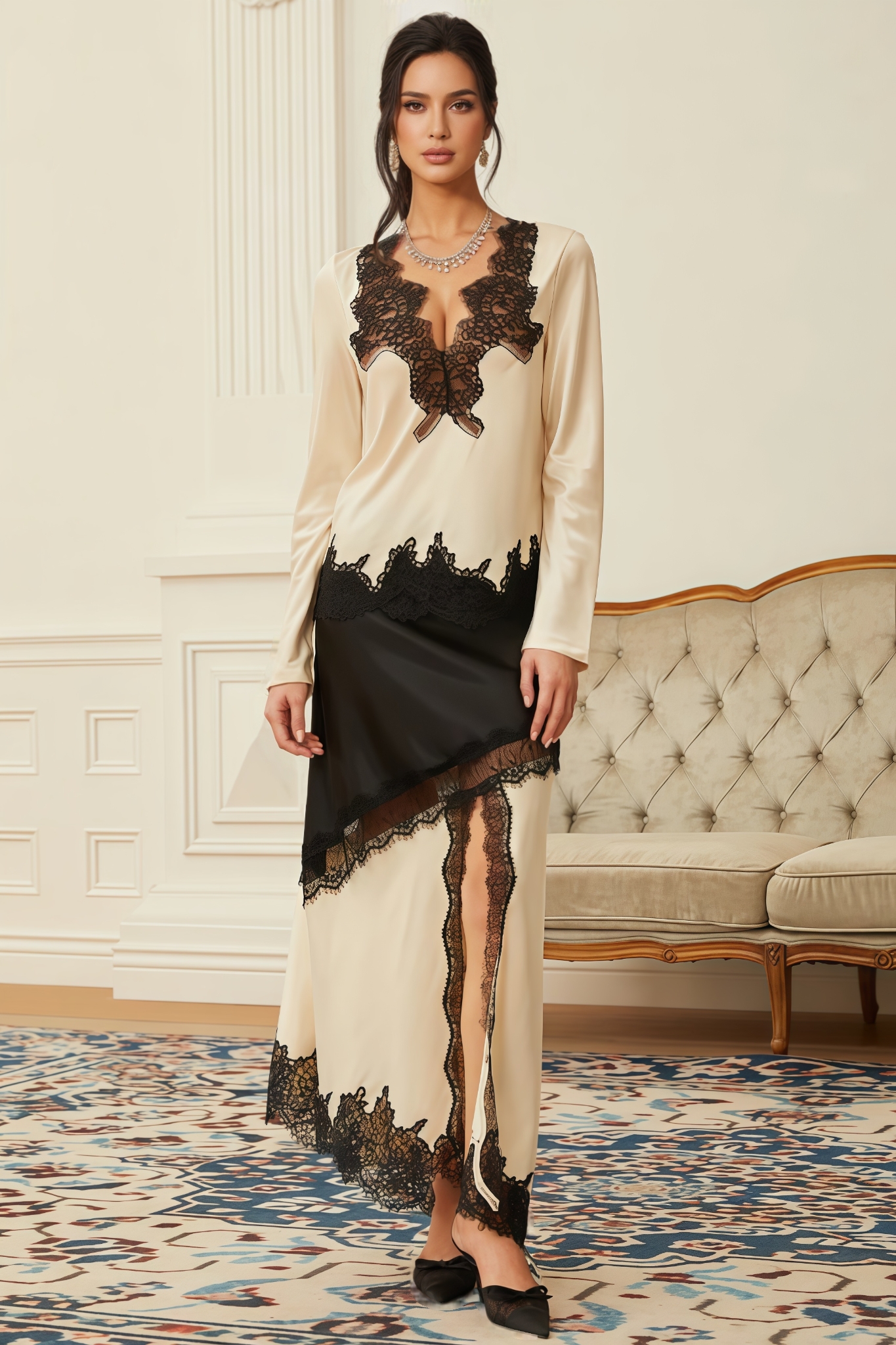 Ulasa White Lace Panel Satin Maxi Dress Set