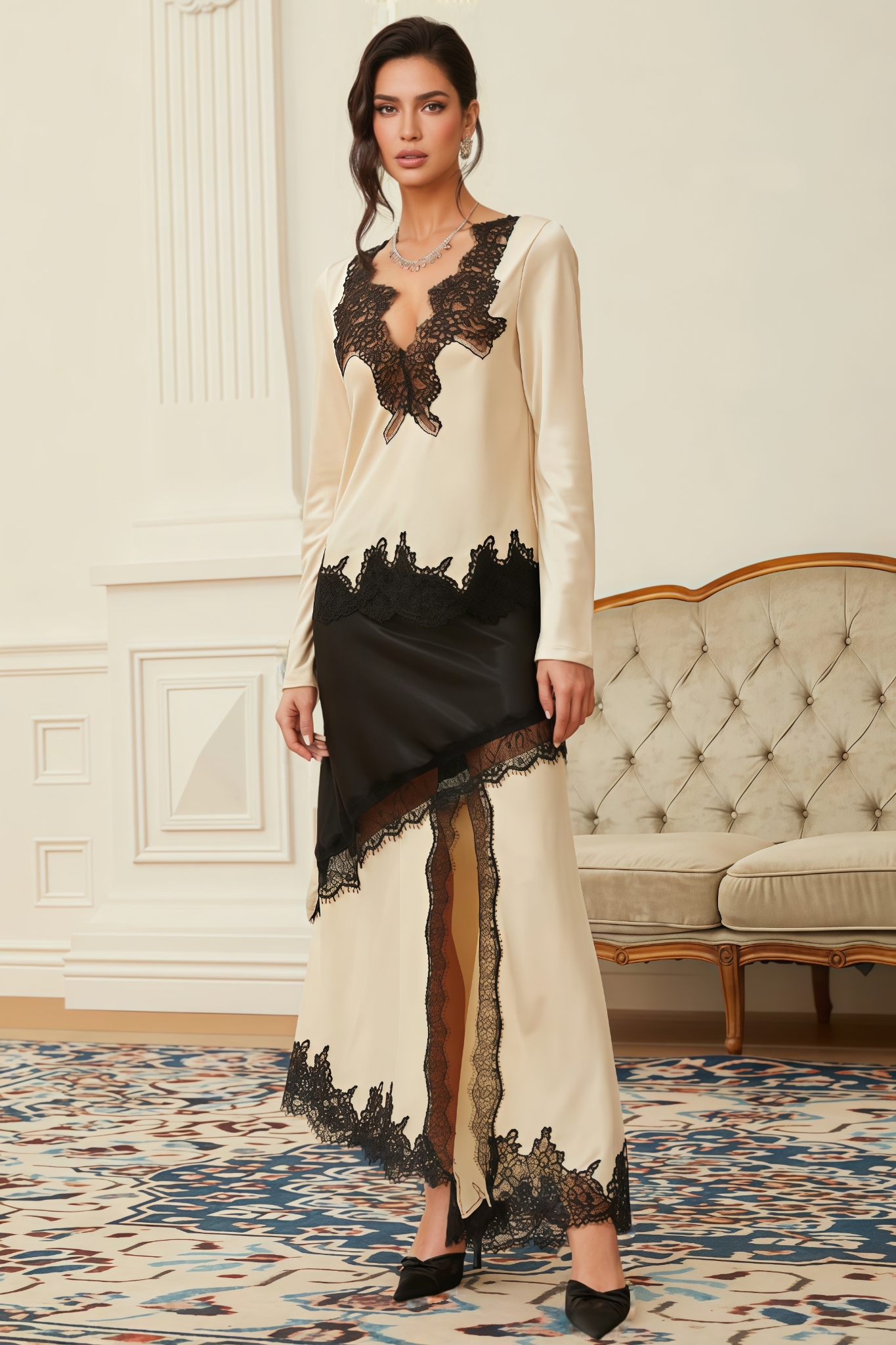 Ulasa White Lace Panel Satin Maxi Dress Set