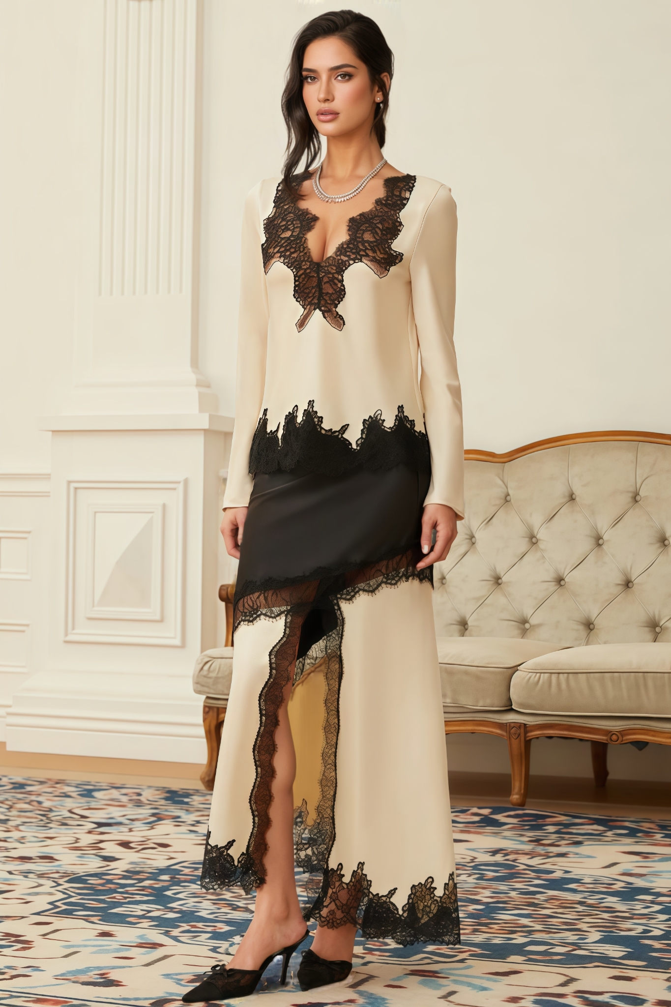 Ulasa White Lace Panel Satin Maxi Dress Set