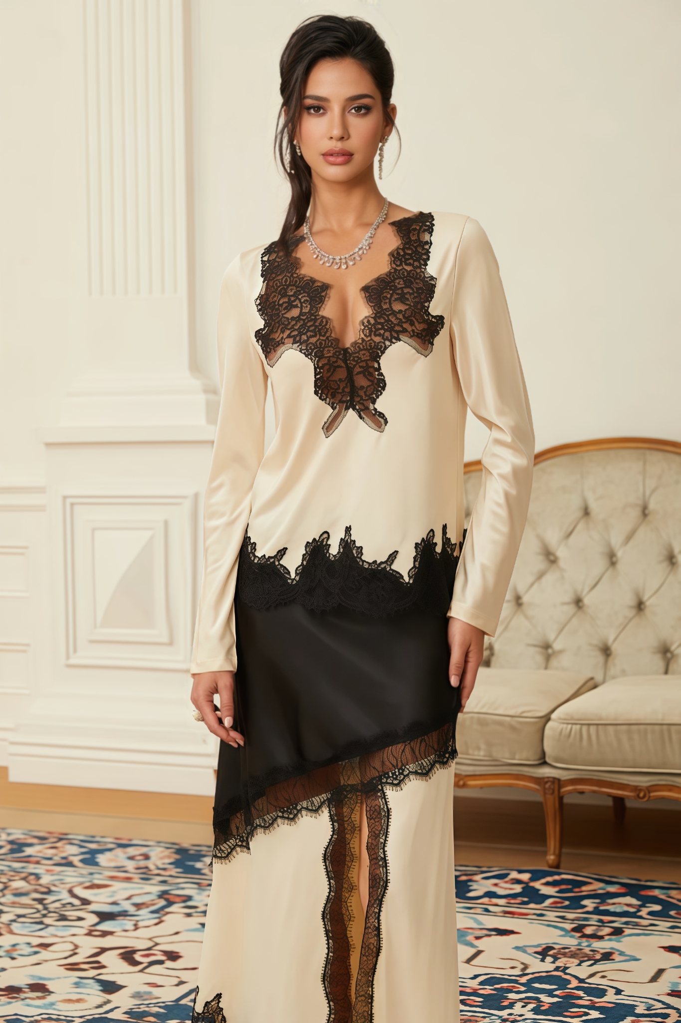 Ulasa White Lace Panel Satin Maxi Dress Set