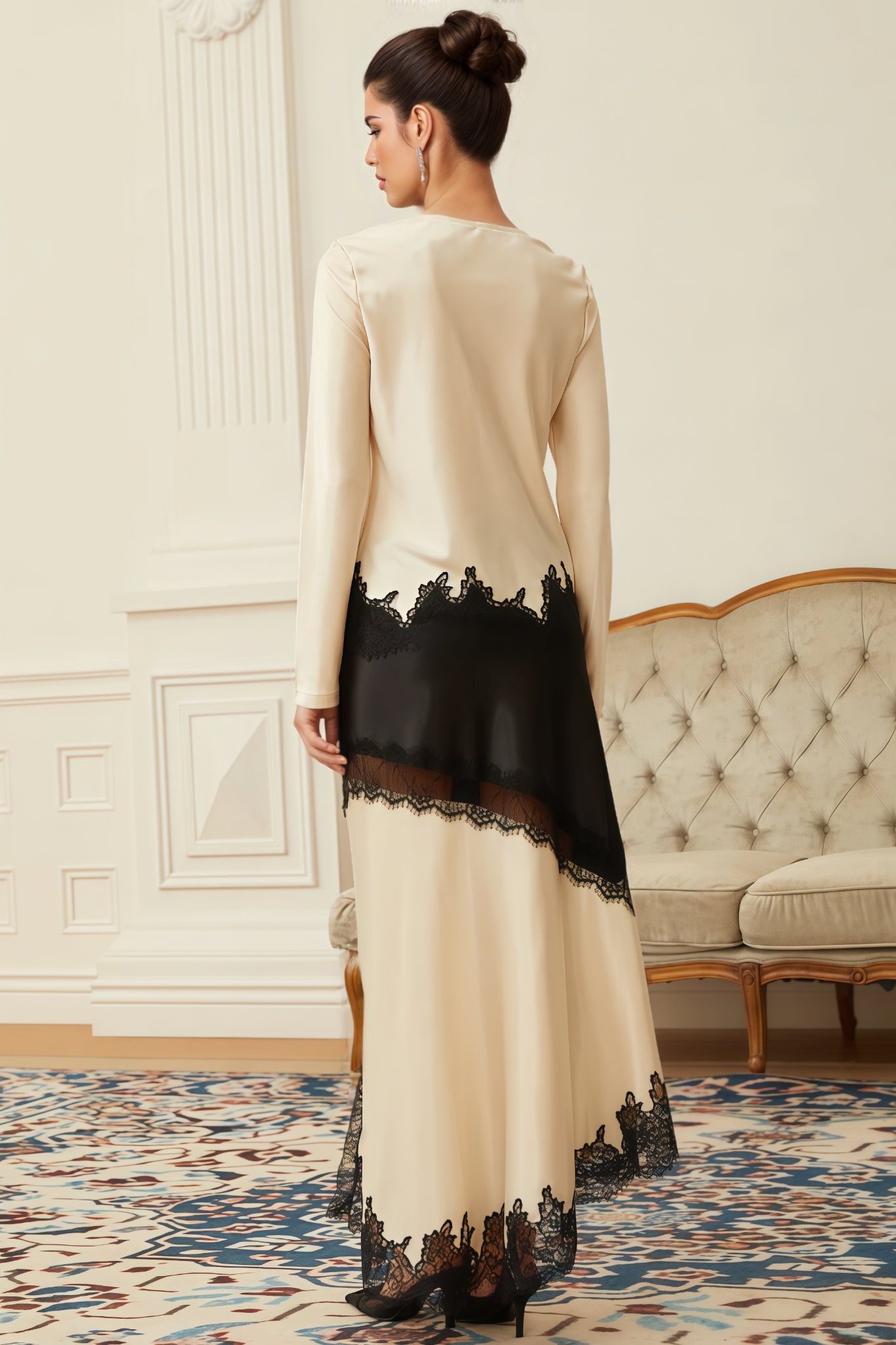 Ulasa White Lace Panel Satin Maxi Dress Set