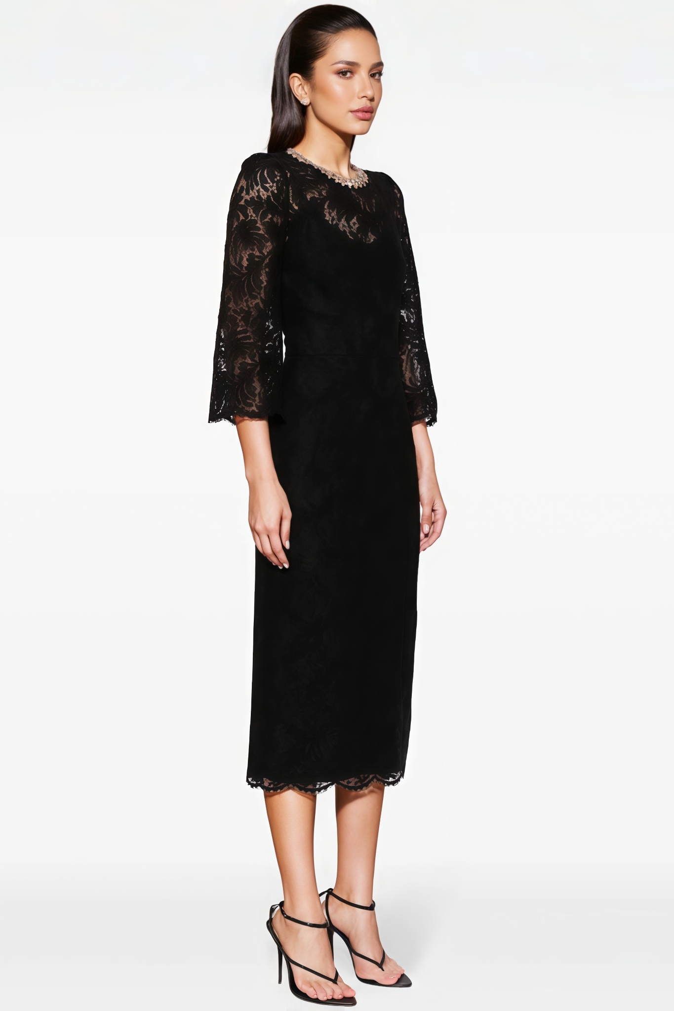 Zayraen Black Long Sleeve Lace Midi Dress