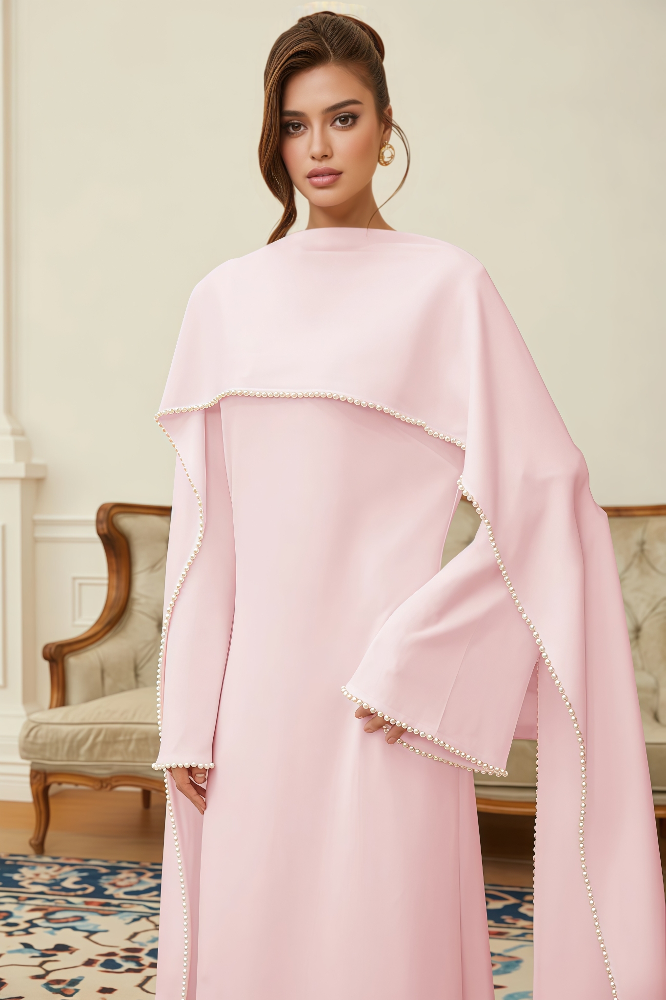 Renee Pink Pearl Trim Shawl Detail Maxi Dress