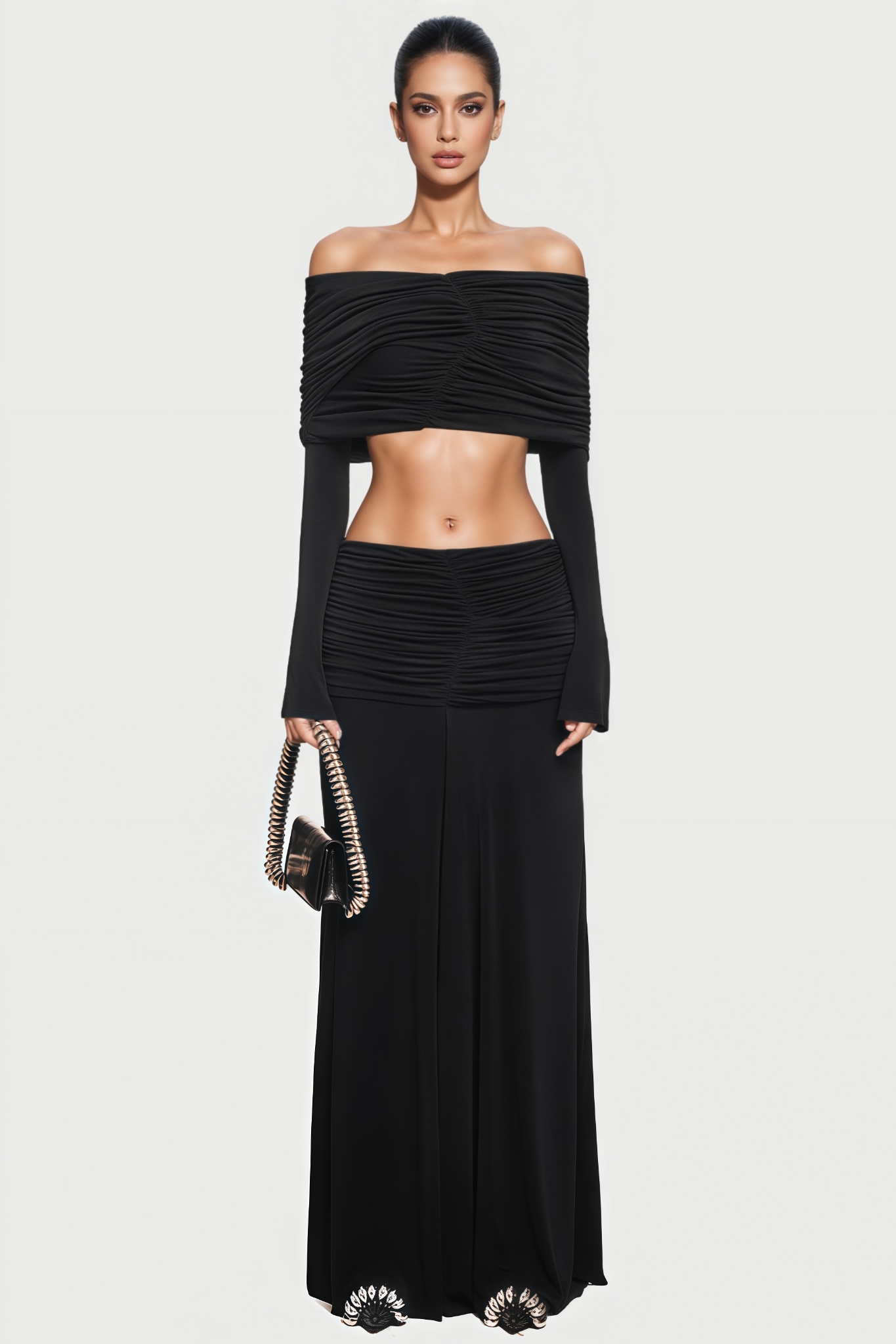 Jonary Black Off Shoulder Knit Maxi Dress Set