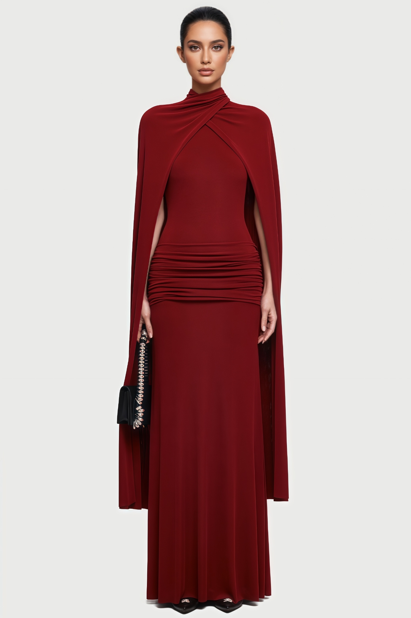 Anthony Red Cape Style Ruched Maxi Dress