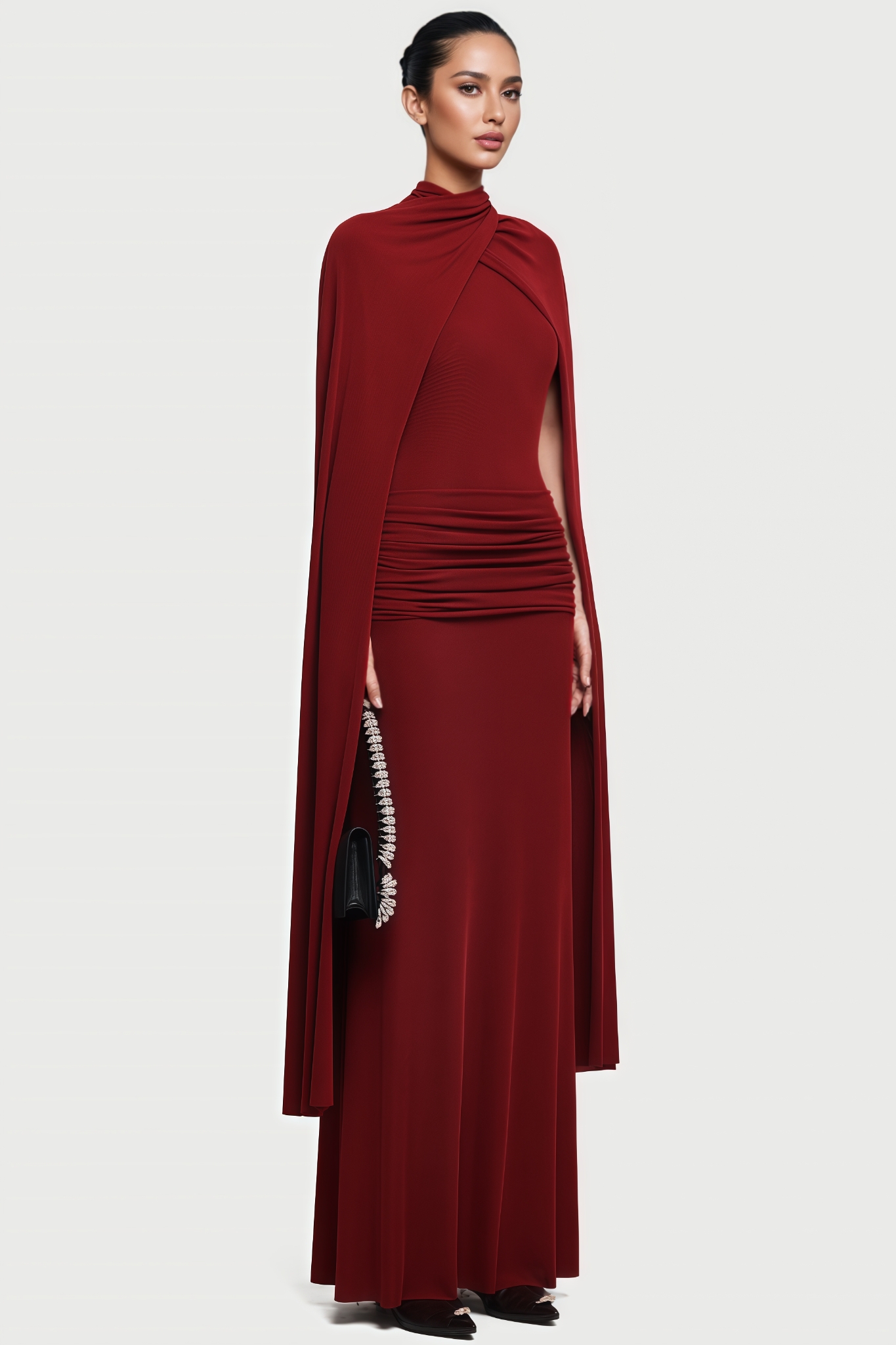 Anthony Red Cape Style Ruched Maxi Dress