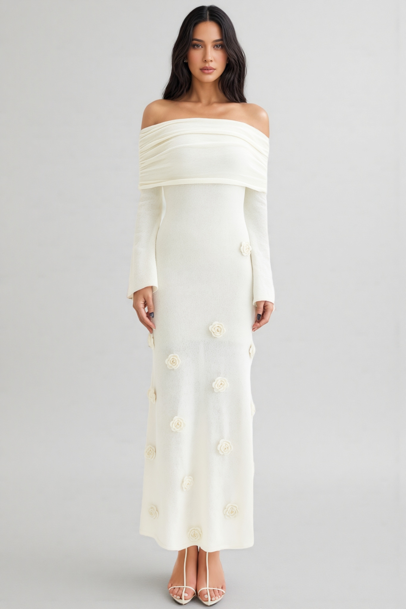 Barbara Off Shoulder Knit Rose Maxi Dress