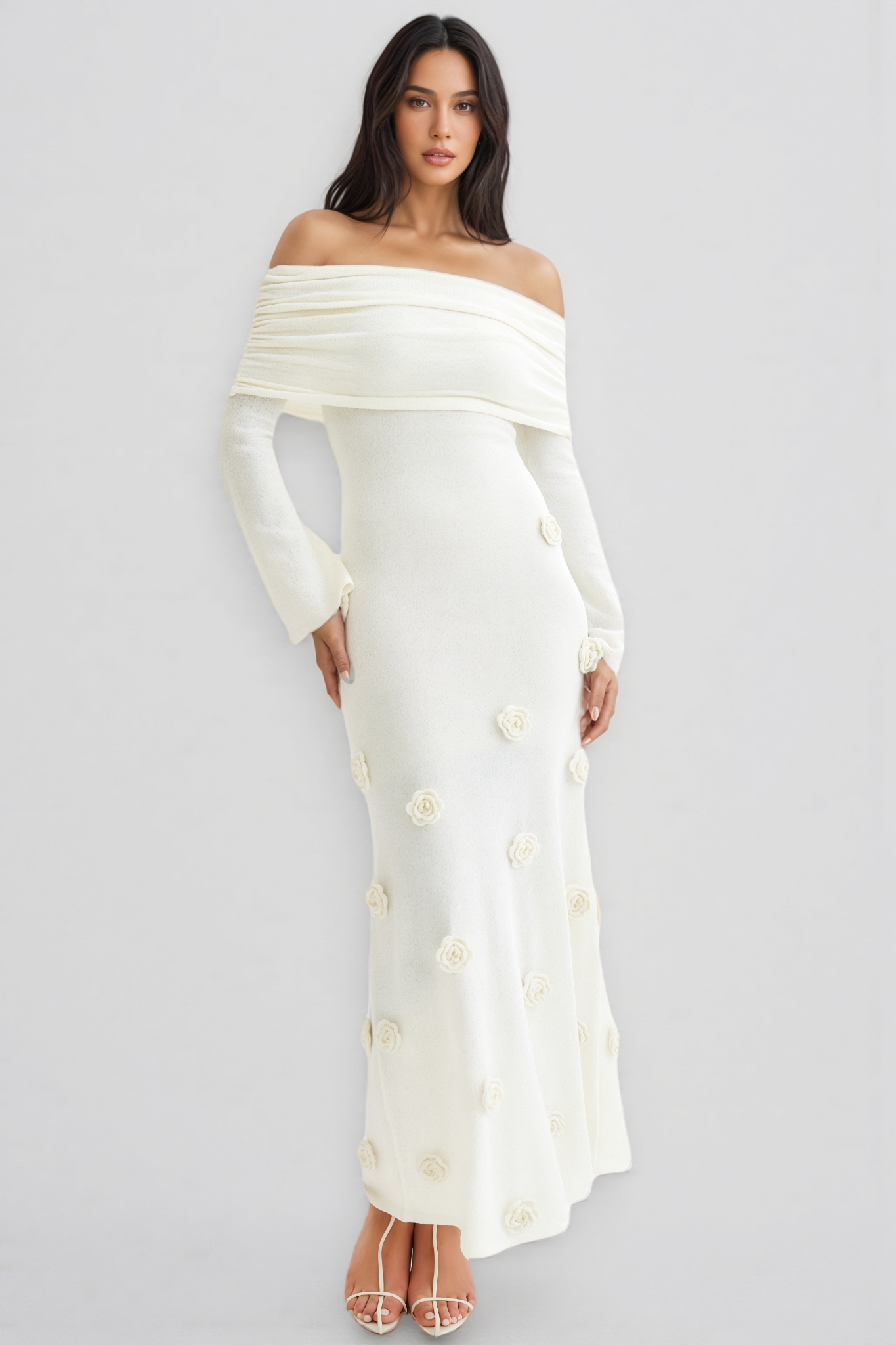 Barbara Off Shoulder Knit Rose Maxi Dress