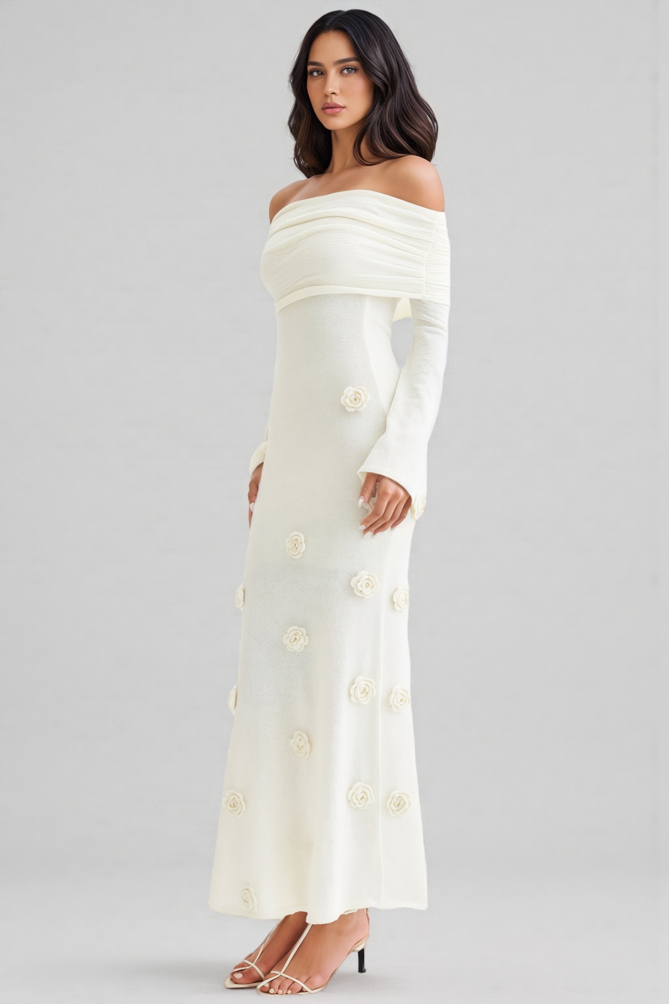 Barbara Off Shoulder Knit Rose Maxi Dress