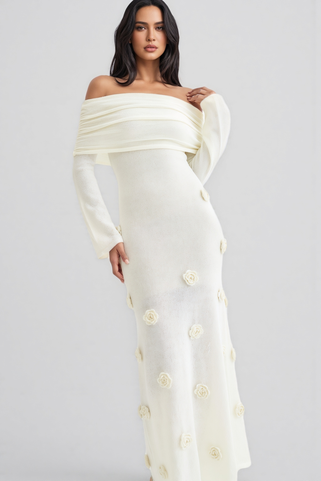 Barbara Off Shoulder Knit Rose Maxi Dress