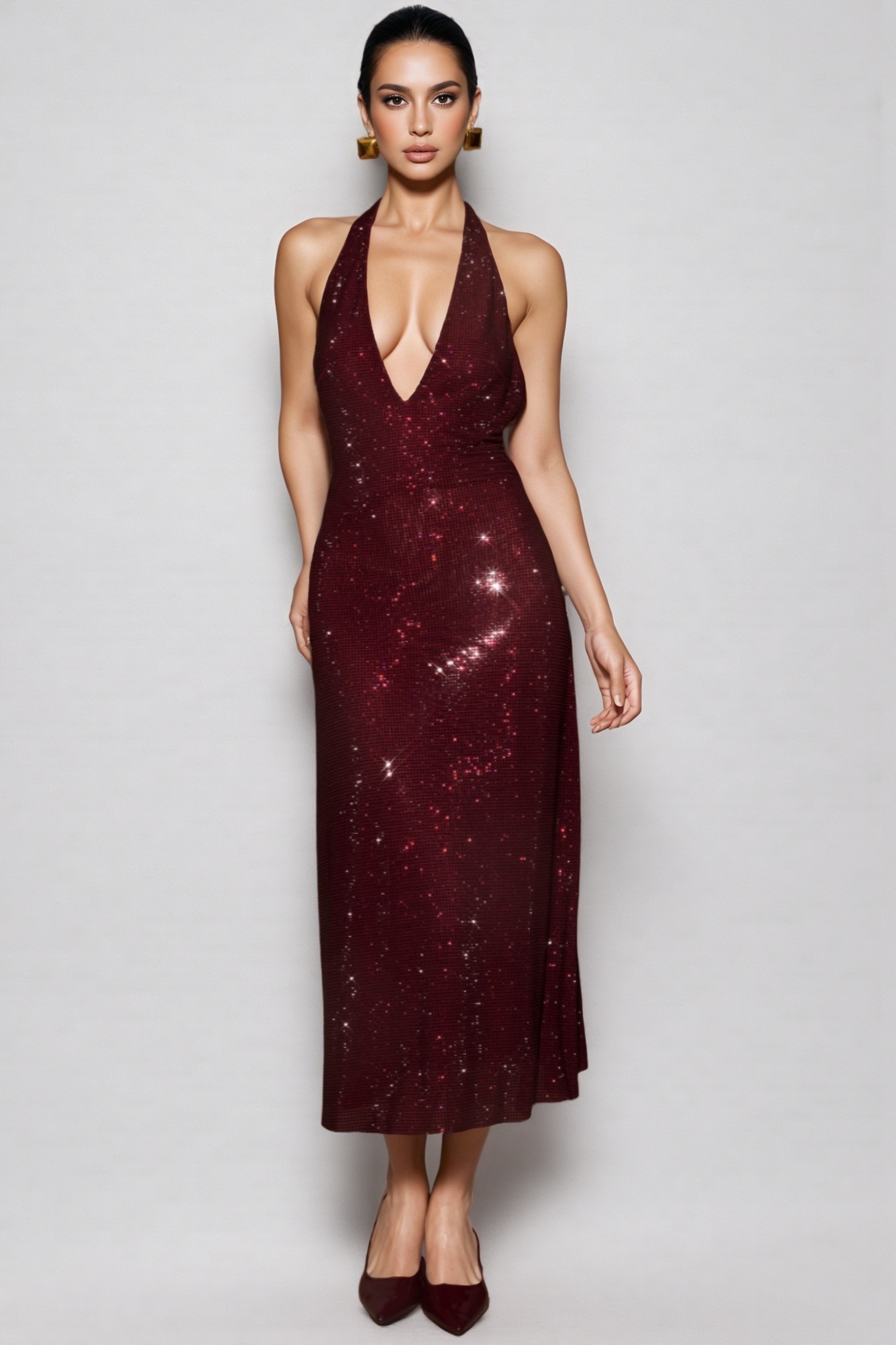 Gethin Red Diamante Halter Midi Dress