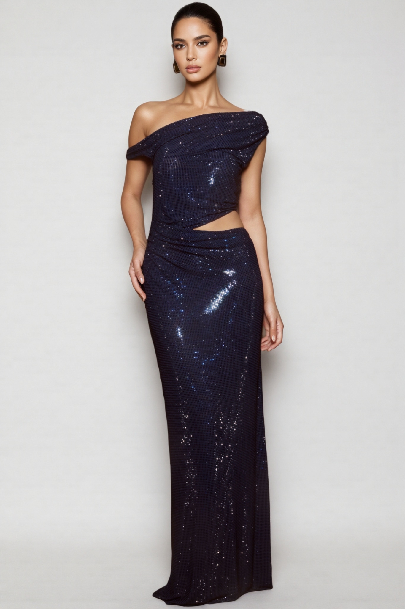 Enoah Blue Diamante One Shoulder Maxi Dress