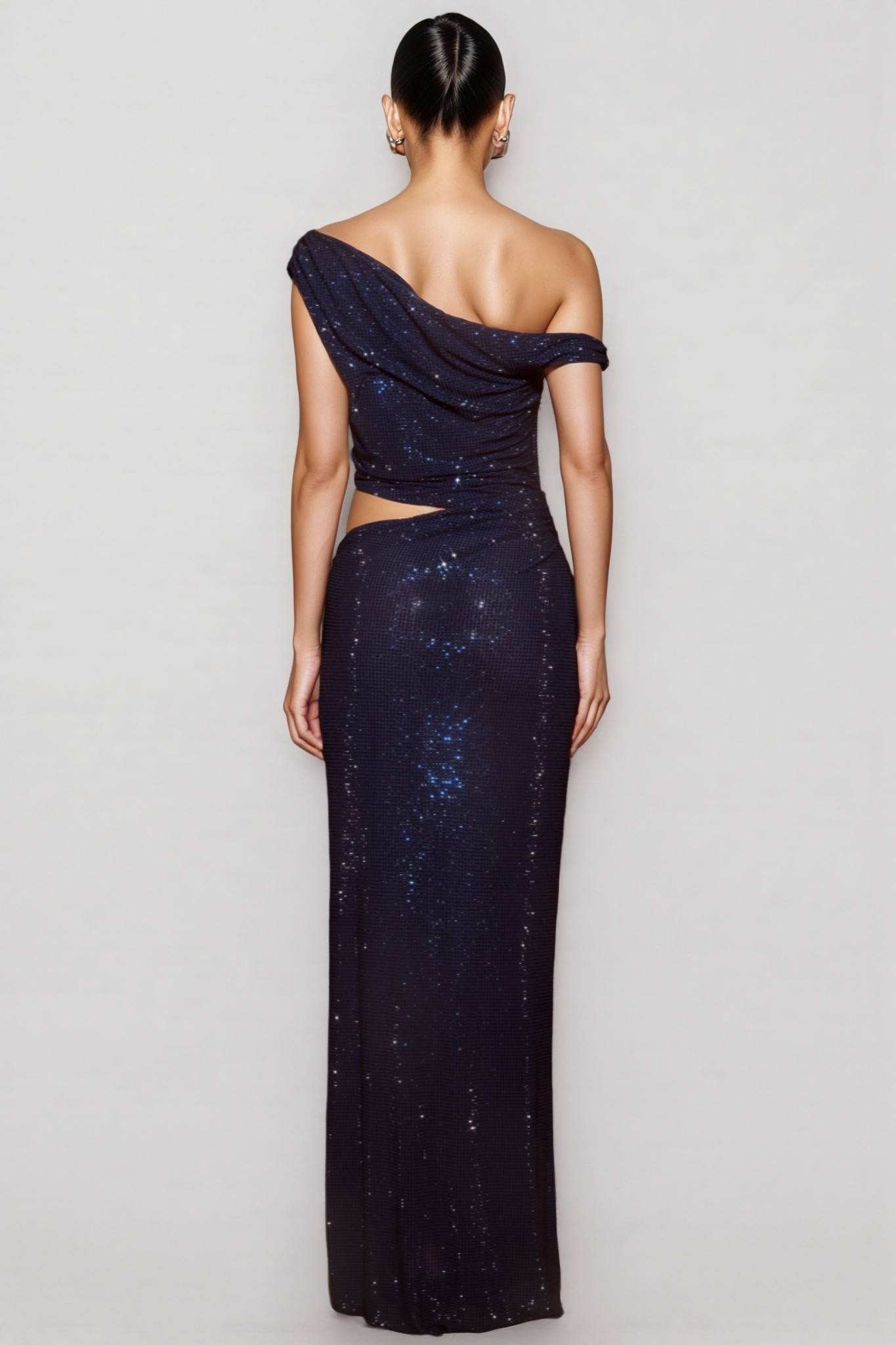Enoah Blue Diamante One Shoulder Maxi Dress