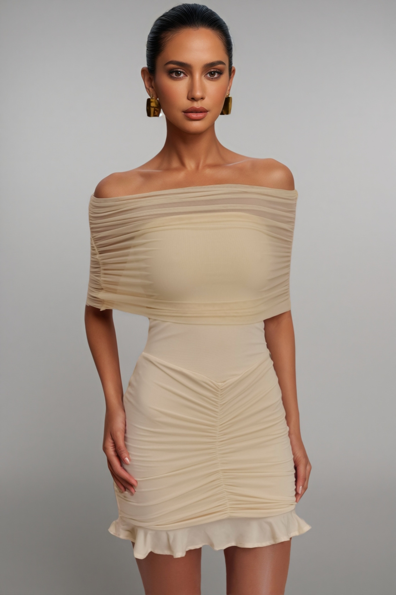 Briadk Slinky Mesh Off Shoulder Mini Dress