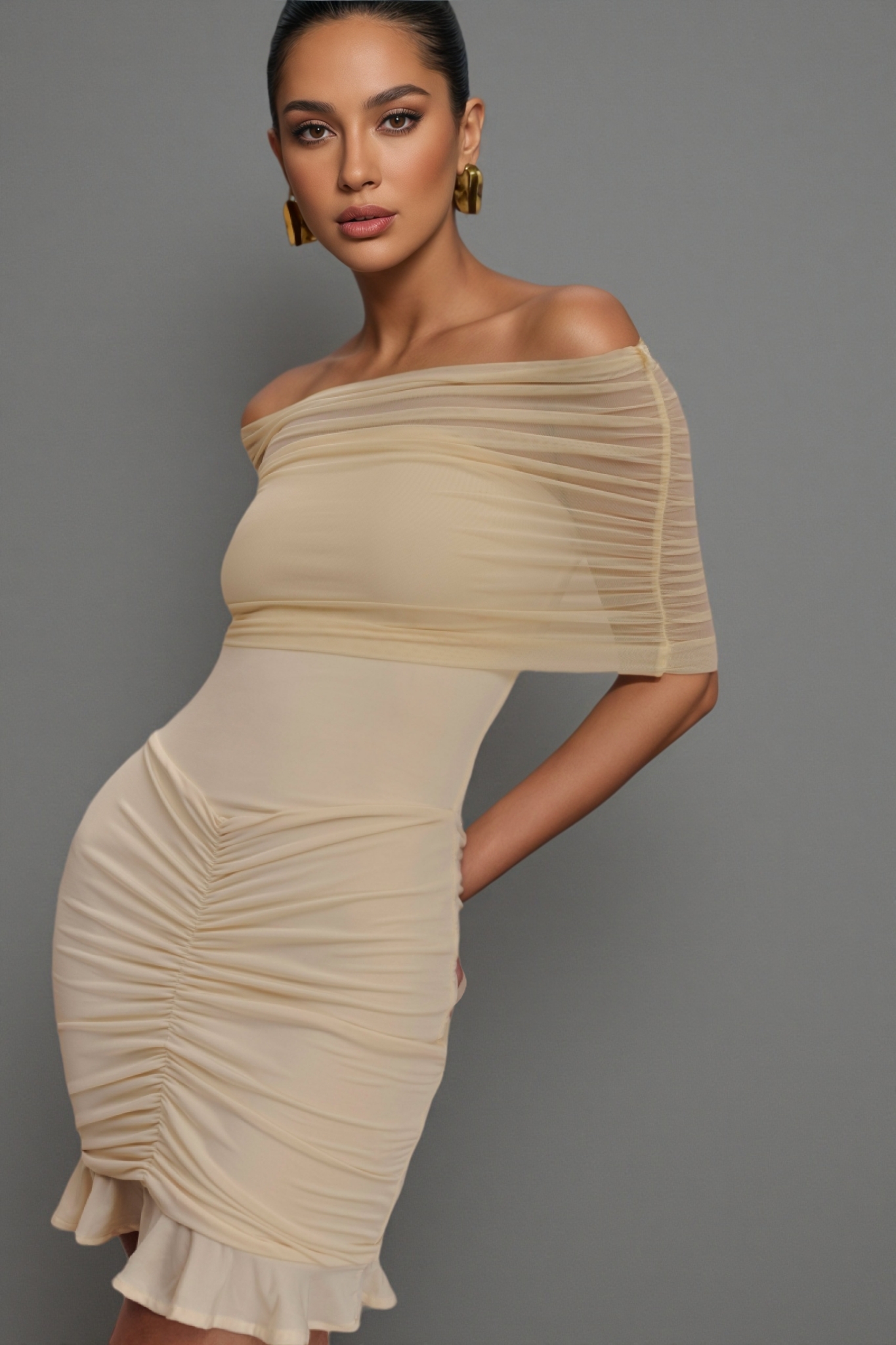 Briadk Slinky Mesh Off Shoulder Mini Dress
