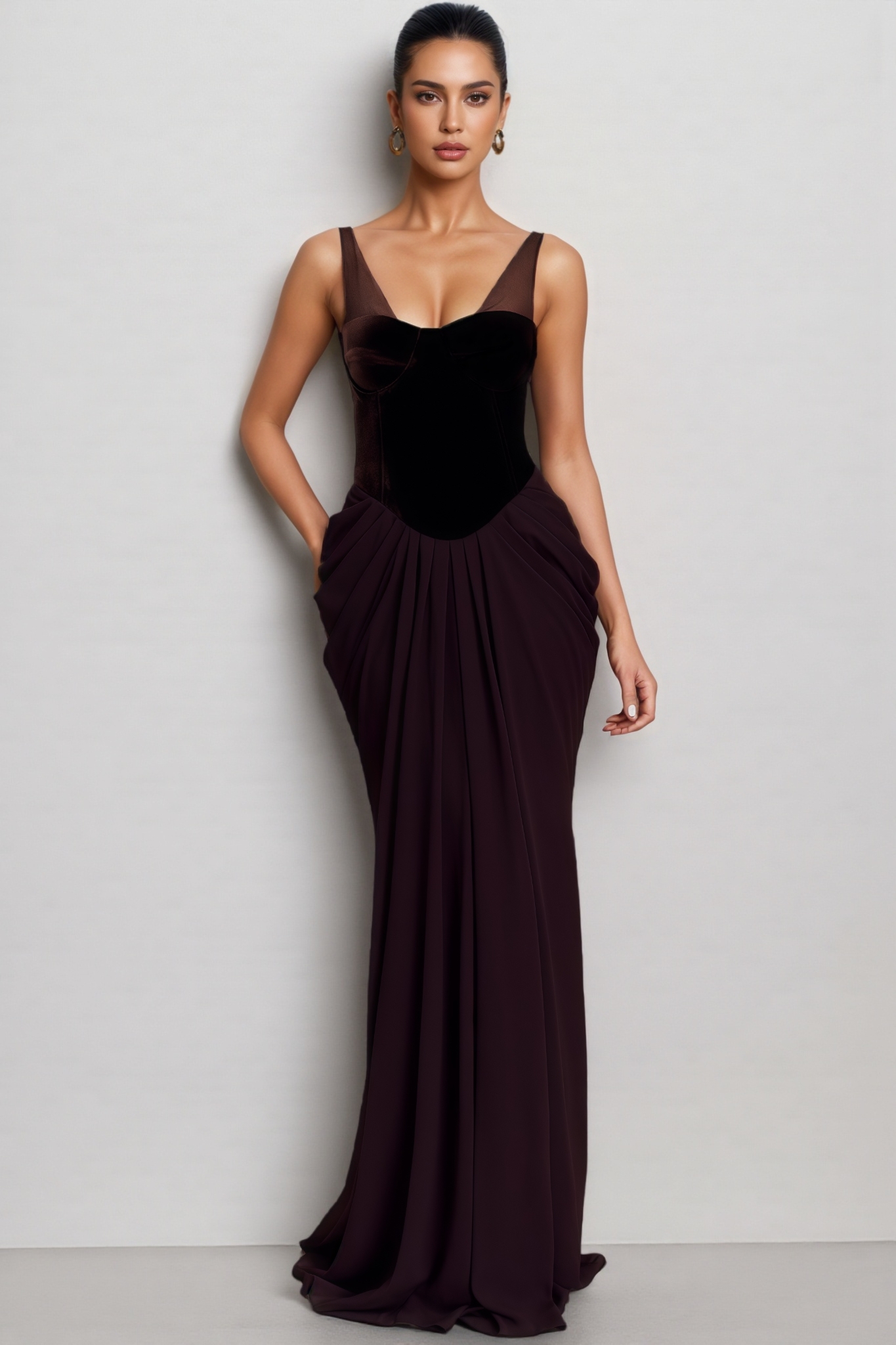 Devan Brown Velvet Corset Maxi Dress