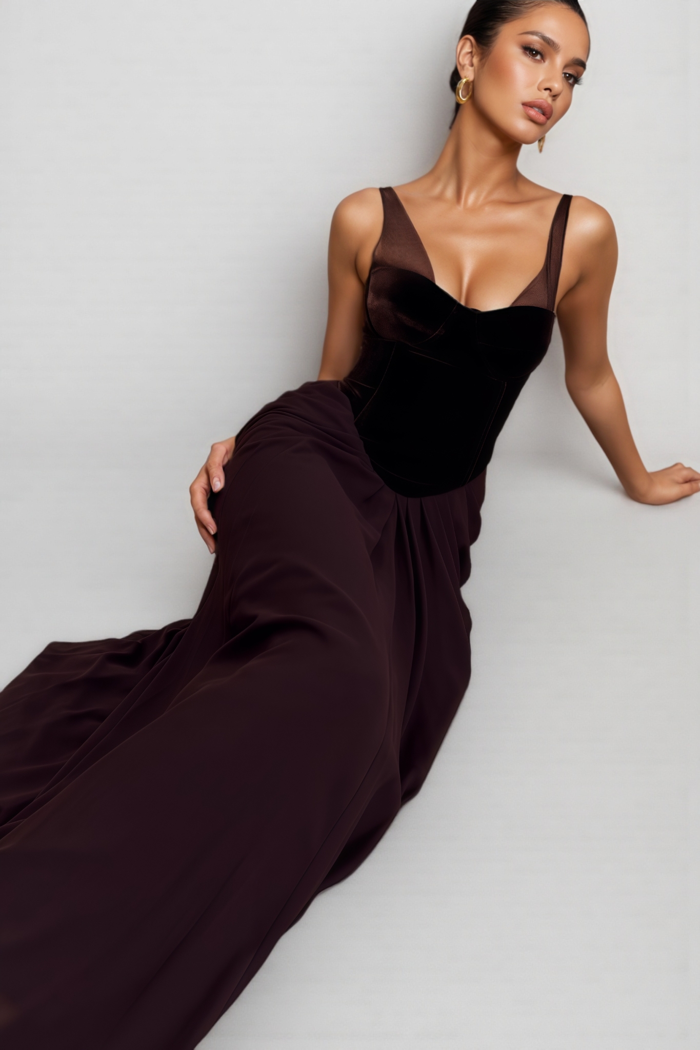 Devan Brown Velvet Corset Maxi Dress