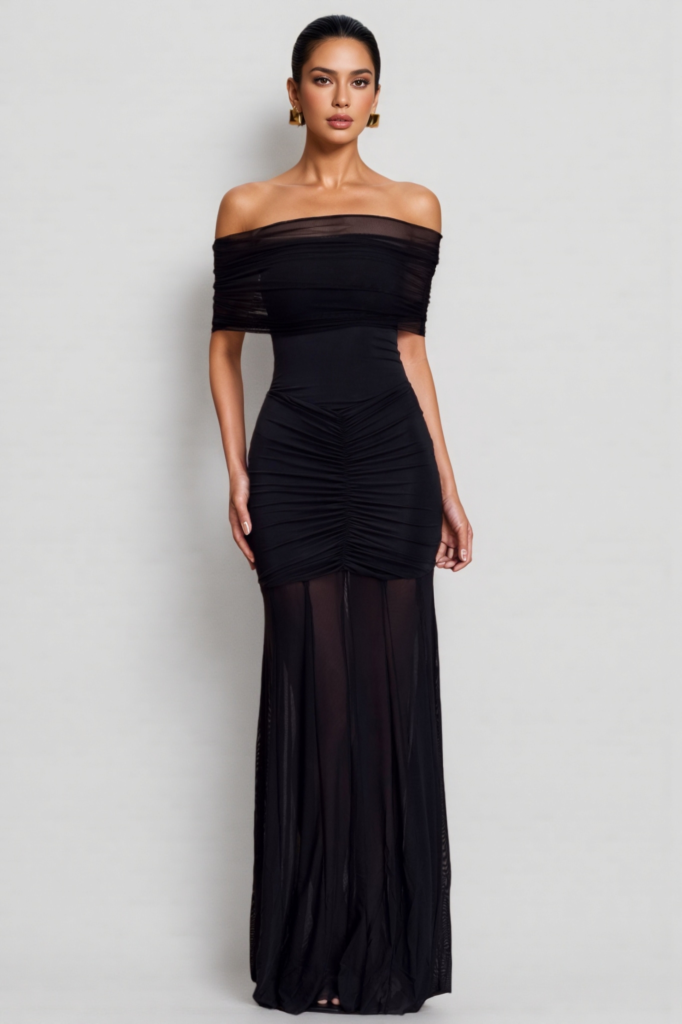 Nivenae Slinky And Mesh Off Shoulder Maxi Dress