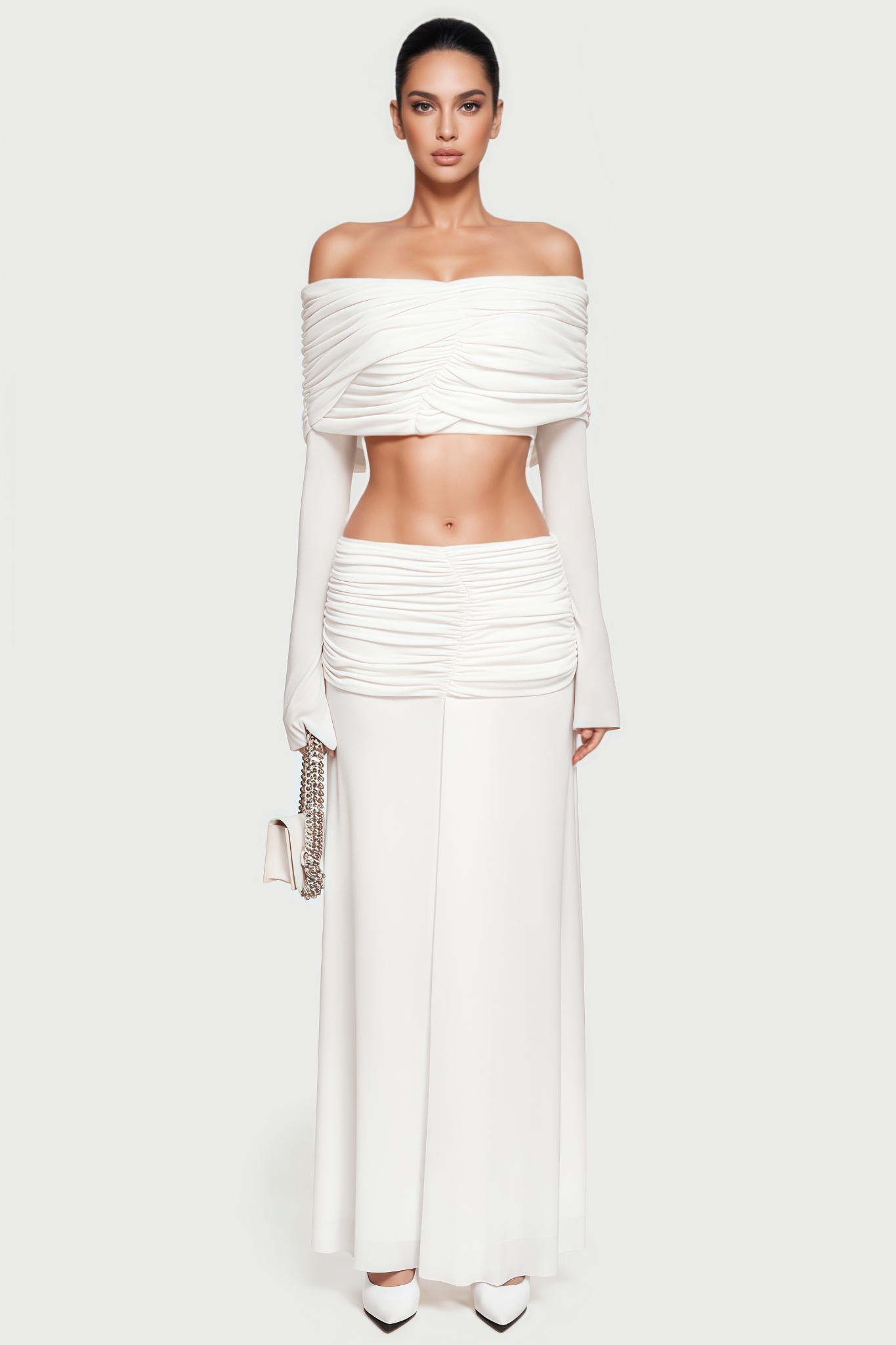 Ivont White Off Shoulder Knit Maxi Dress Set