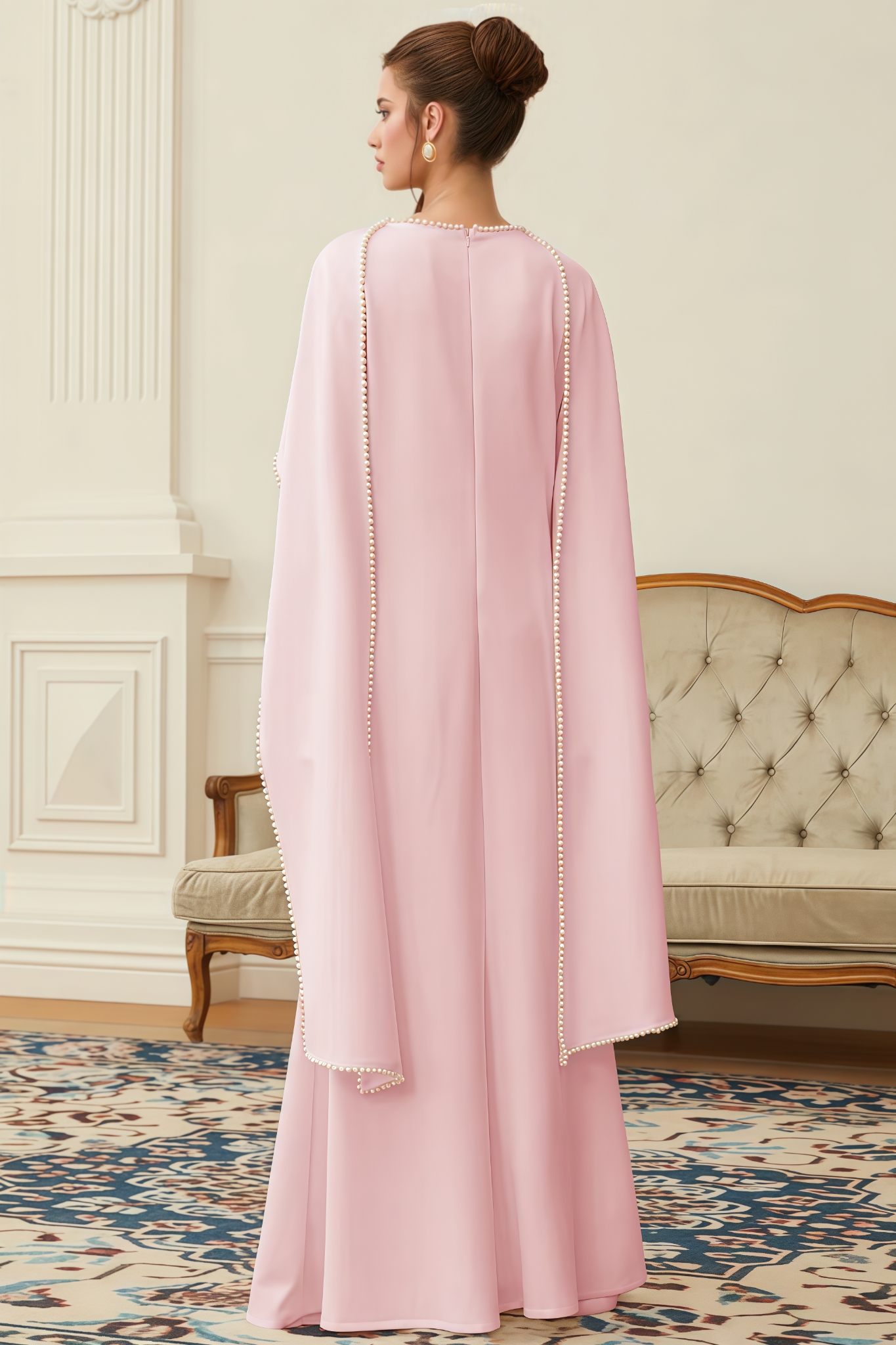 Renee Pink Pearl Trim Shawl Detail Maxi Dress