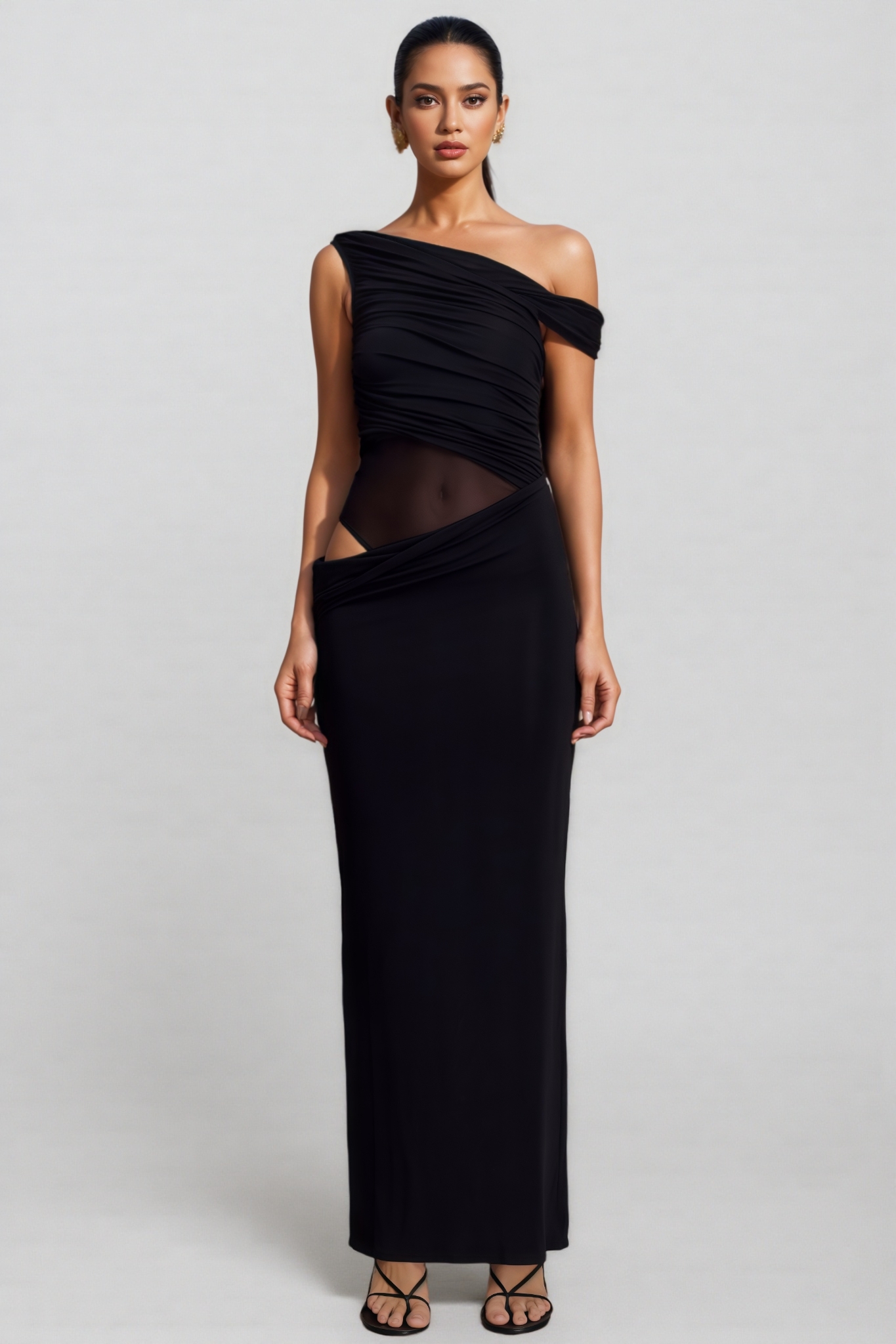 Fayert Black One Shoulder Slinky Maxi Dress
