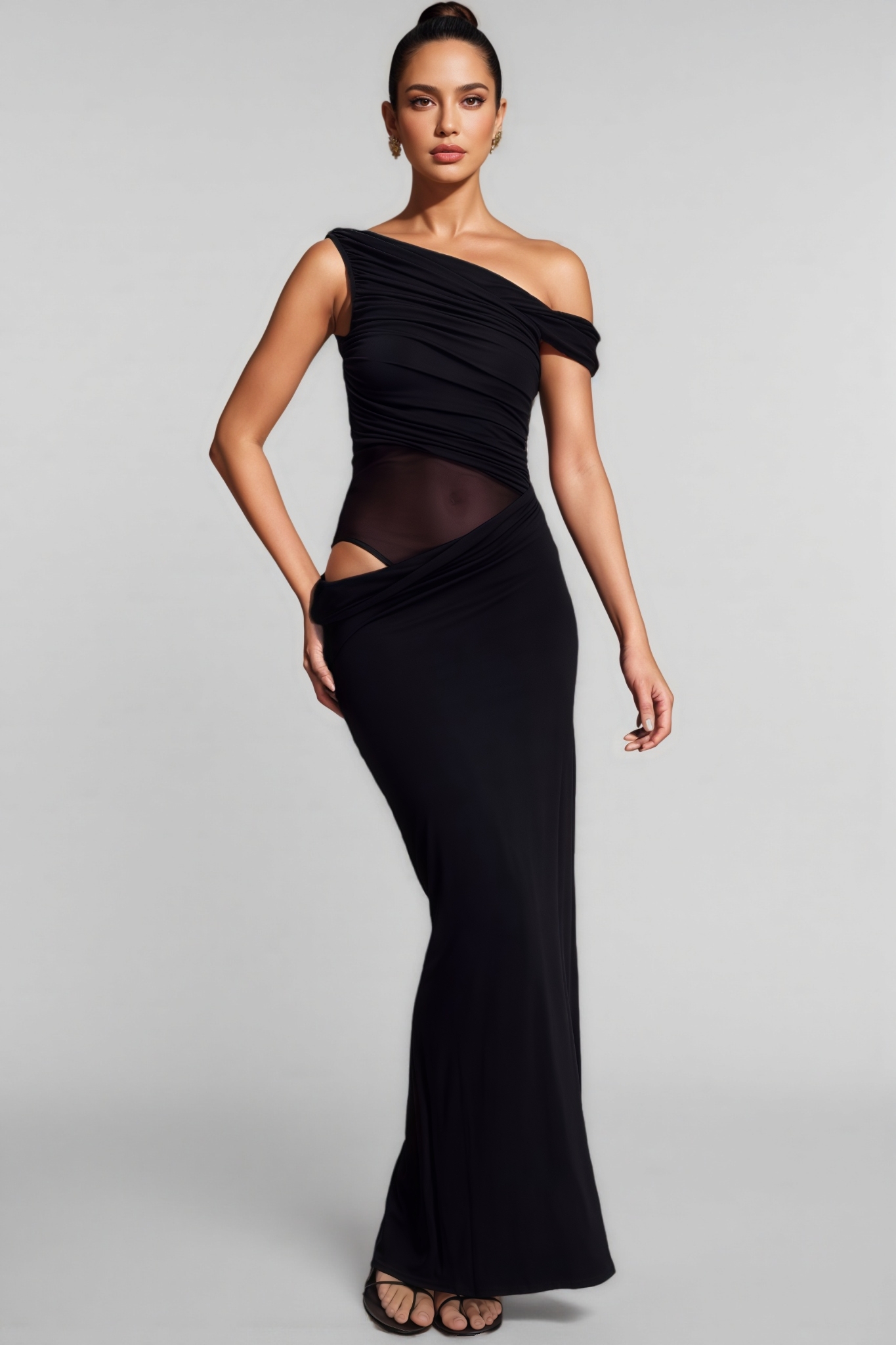 Fayert Black One Shoulder Slinky Maxi Dress