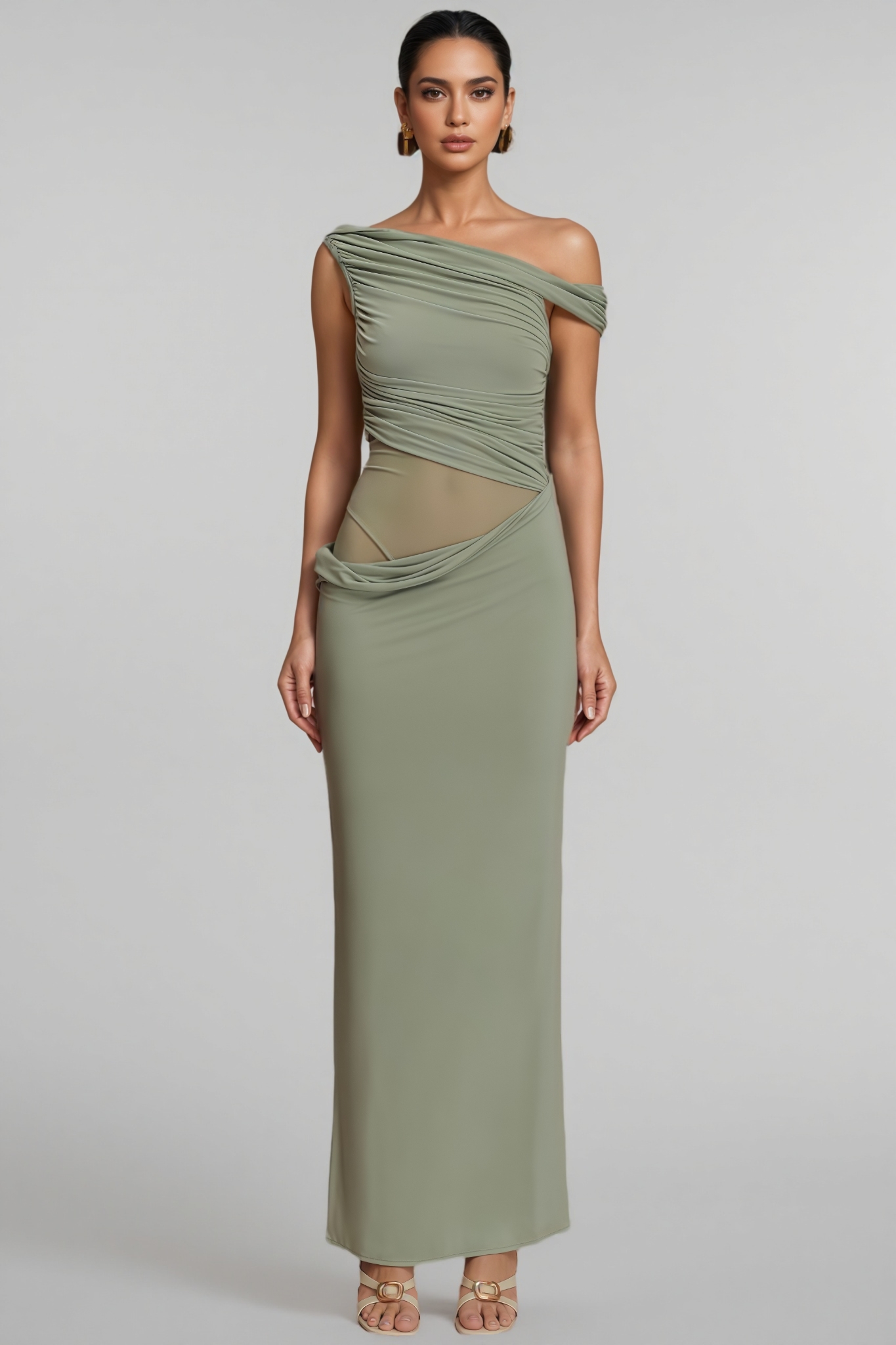Erynrk Green One Shoulder Slinky Maxi Dress