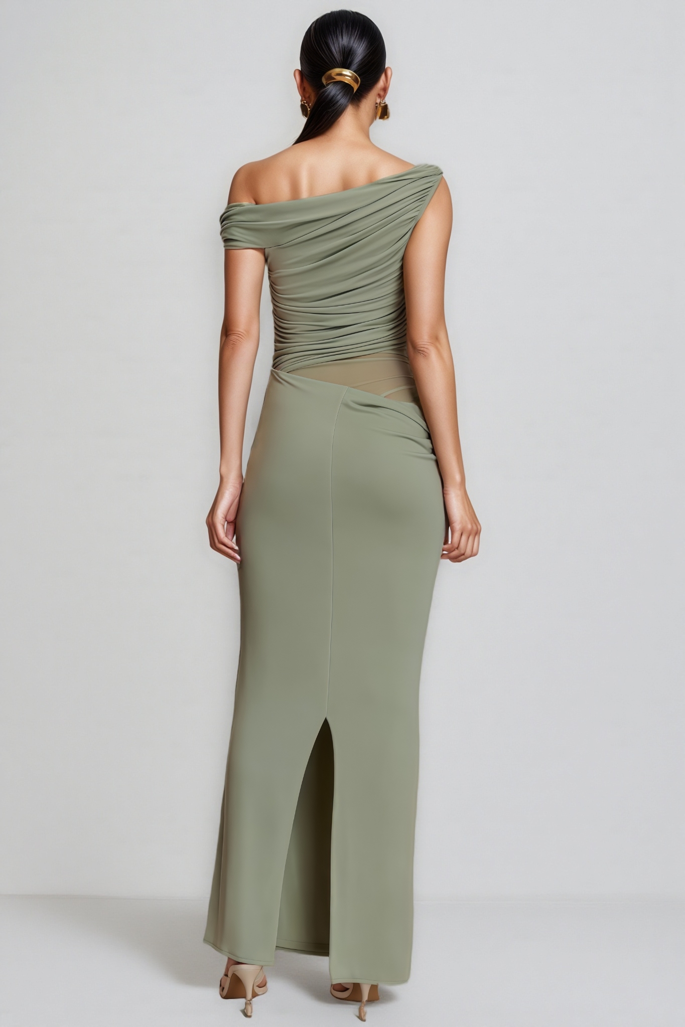 Erynrk Green One Shoulder Slinky Maxi Dress