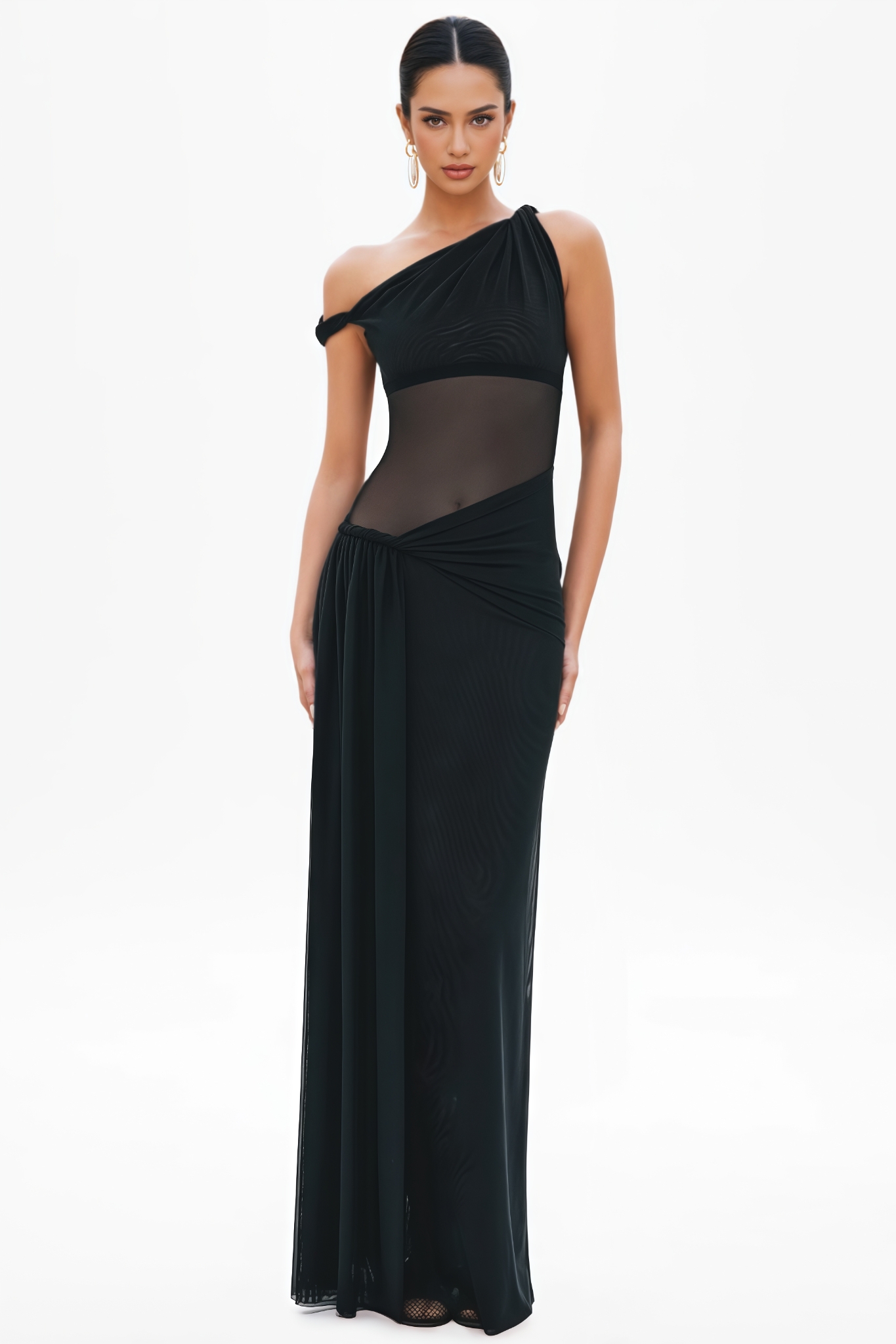 Laloy Black Ruched Mesh Maxi Dress