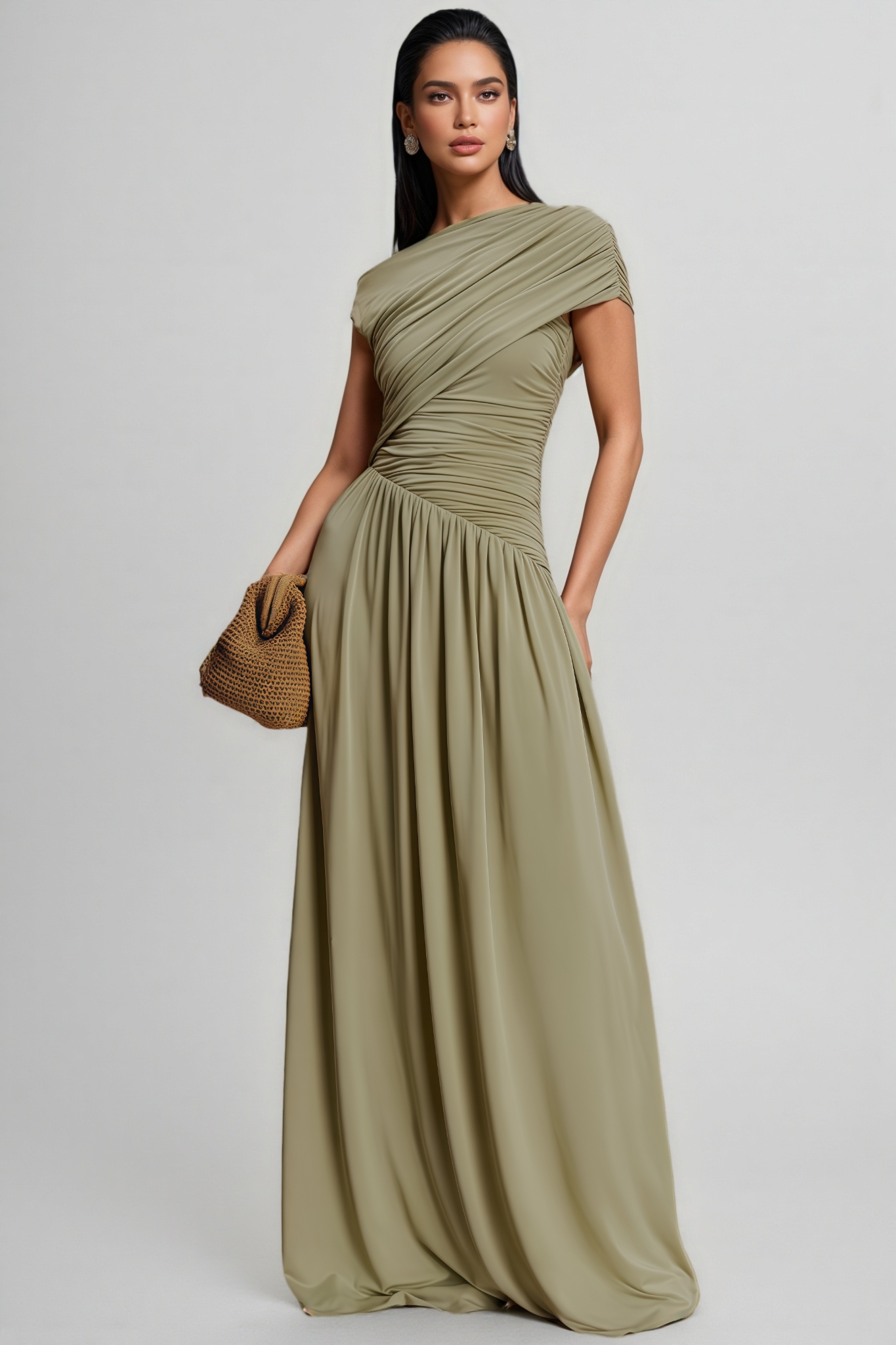Qrael Green Asymmetric Draped Maxi Dress