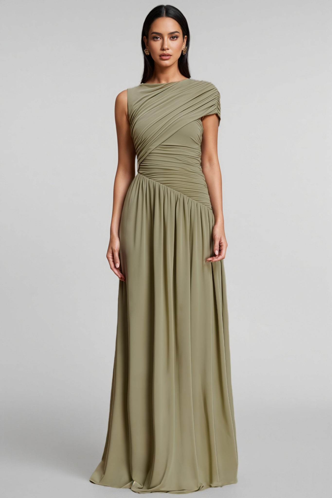 Qrael Green Asymmetric Draped Maxi Dress