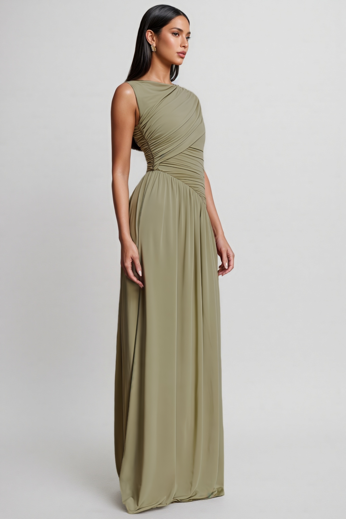 Qrael Green Asymmetric Draped Maxi Dress