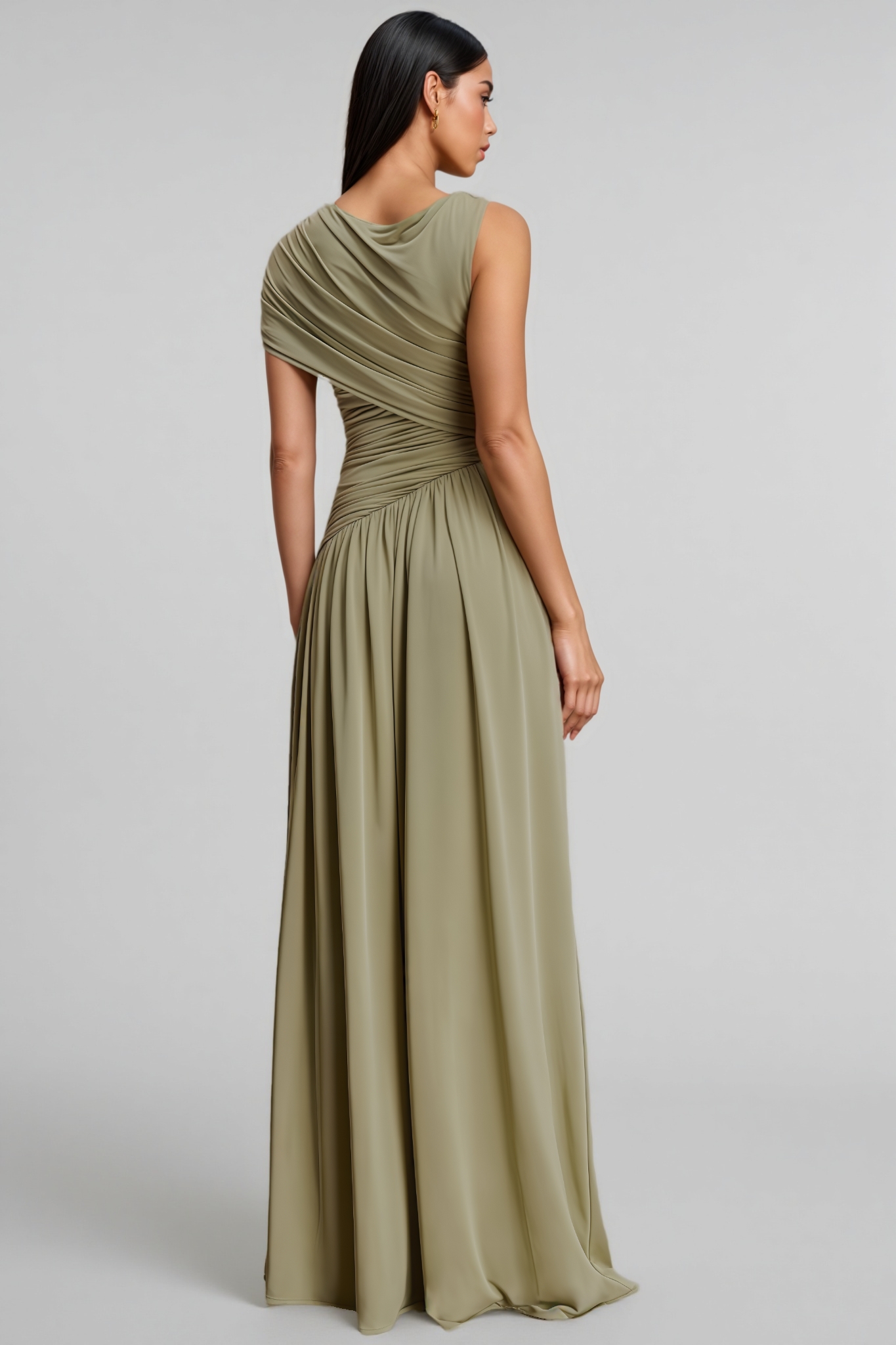 Qrael Green Asymmetric Draped Maxi Dress