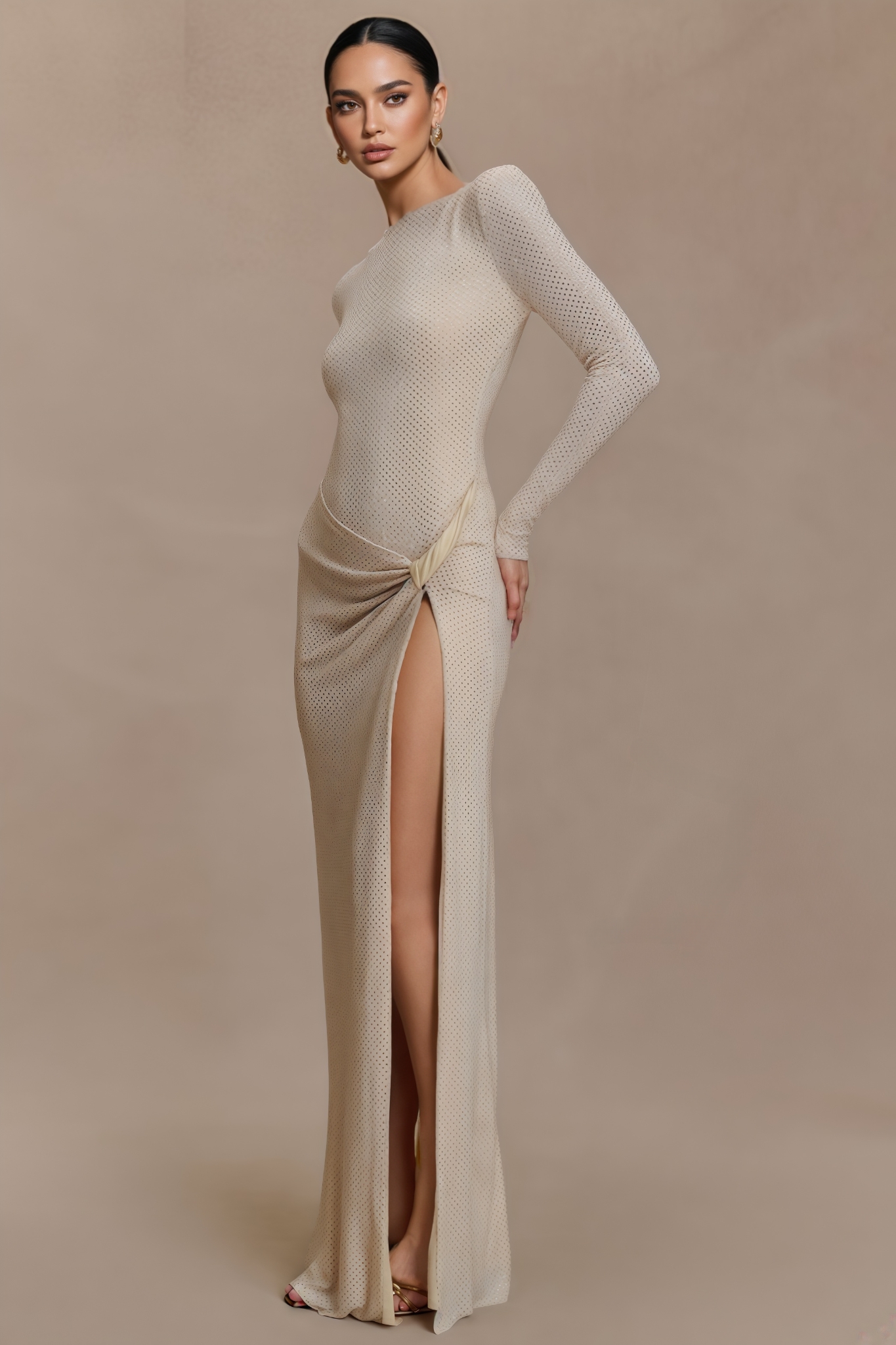 Victyia White Long Sleeve Diamante Maxi Dress