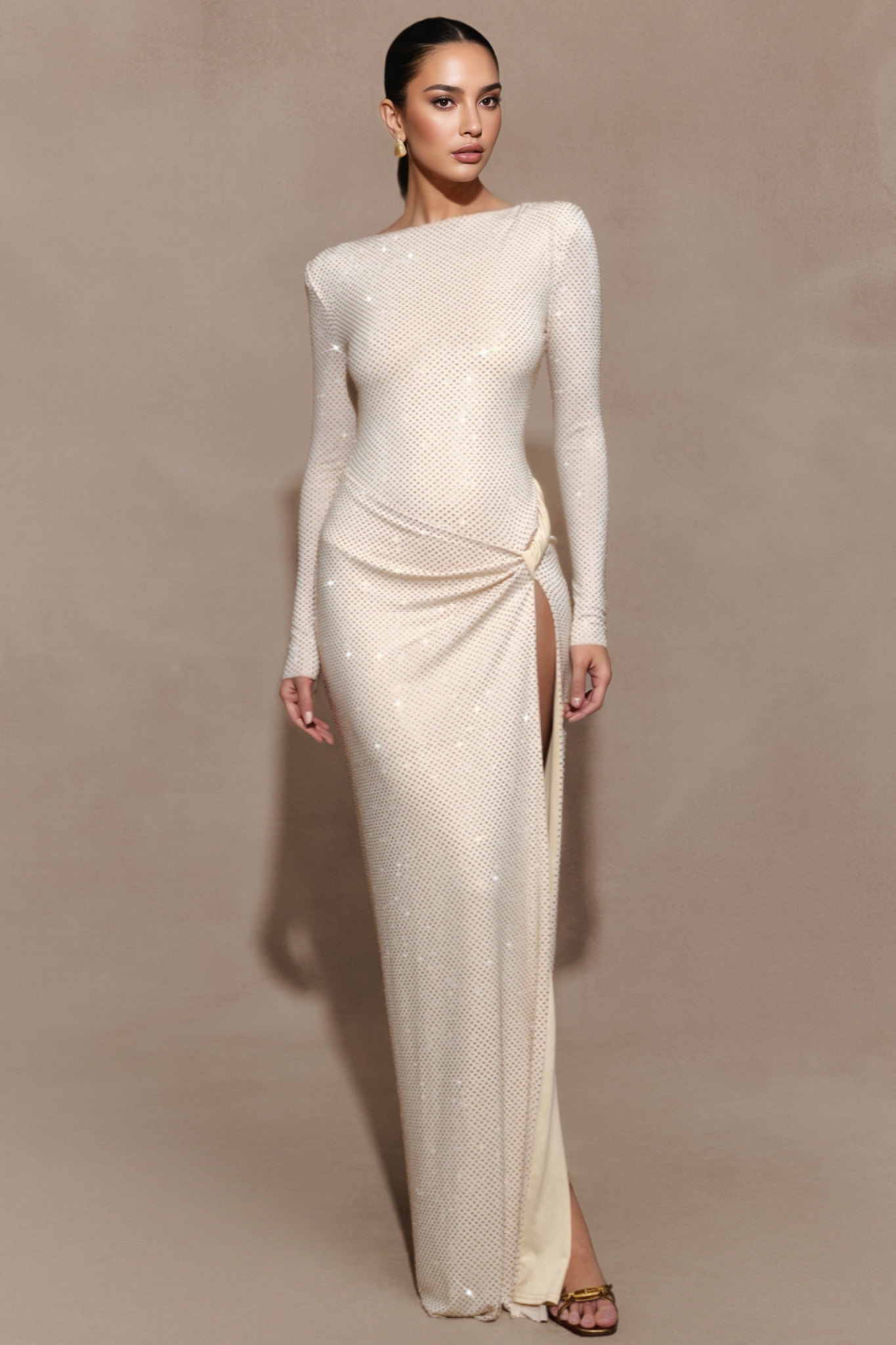 Victyia White Long Sleeve Diamante Maxi Dress