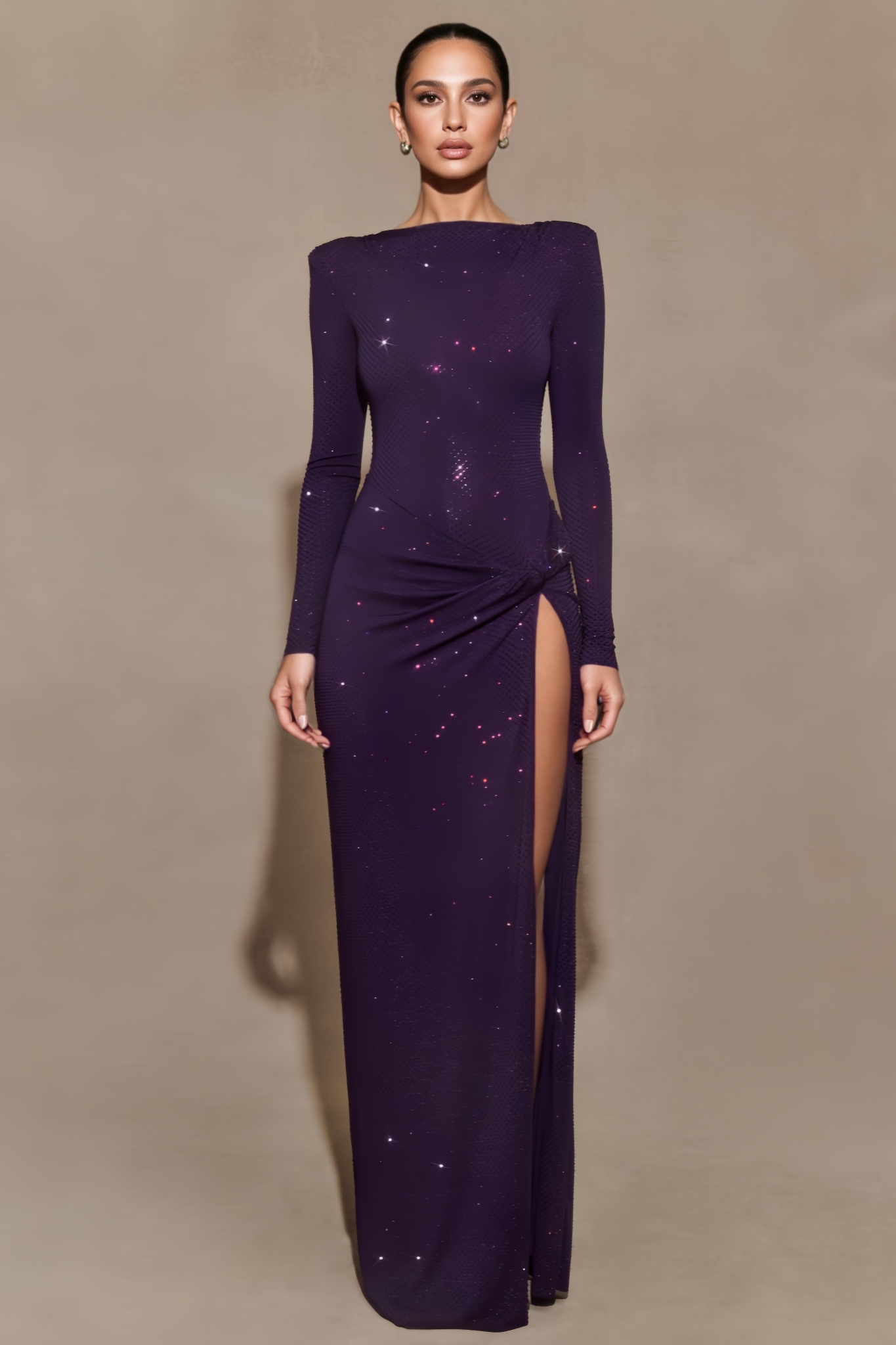 Wyetta Purple Long Sleeve Diamante Maxi Dress