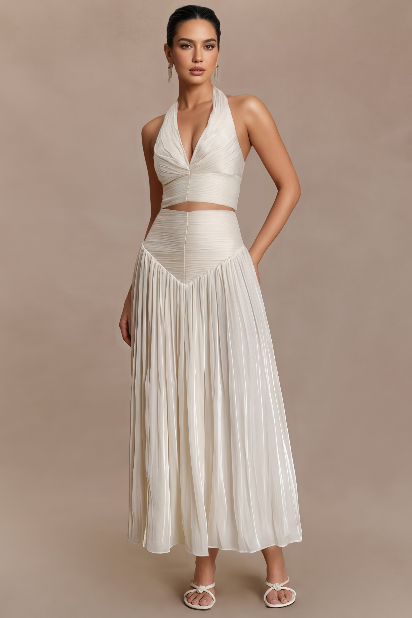 Harvprk White Gathered Maxi Dress Set