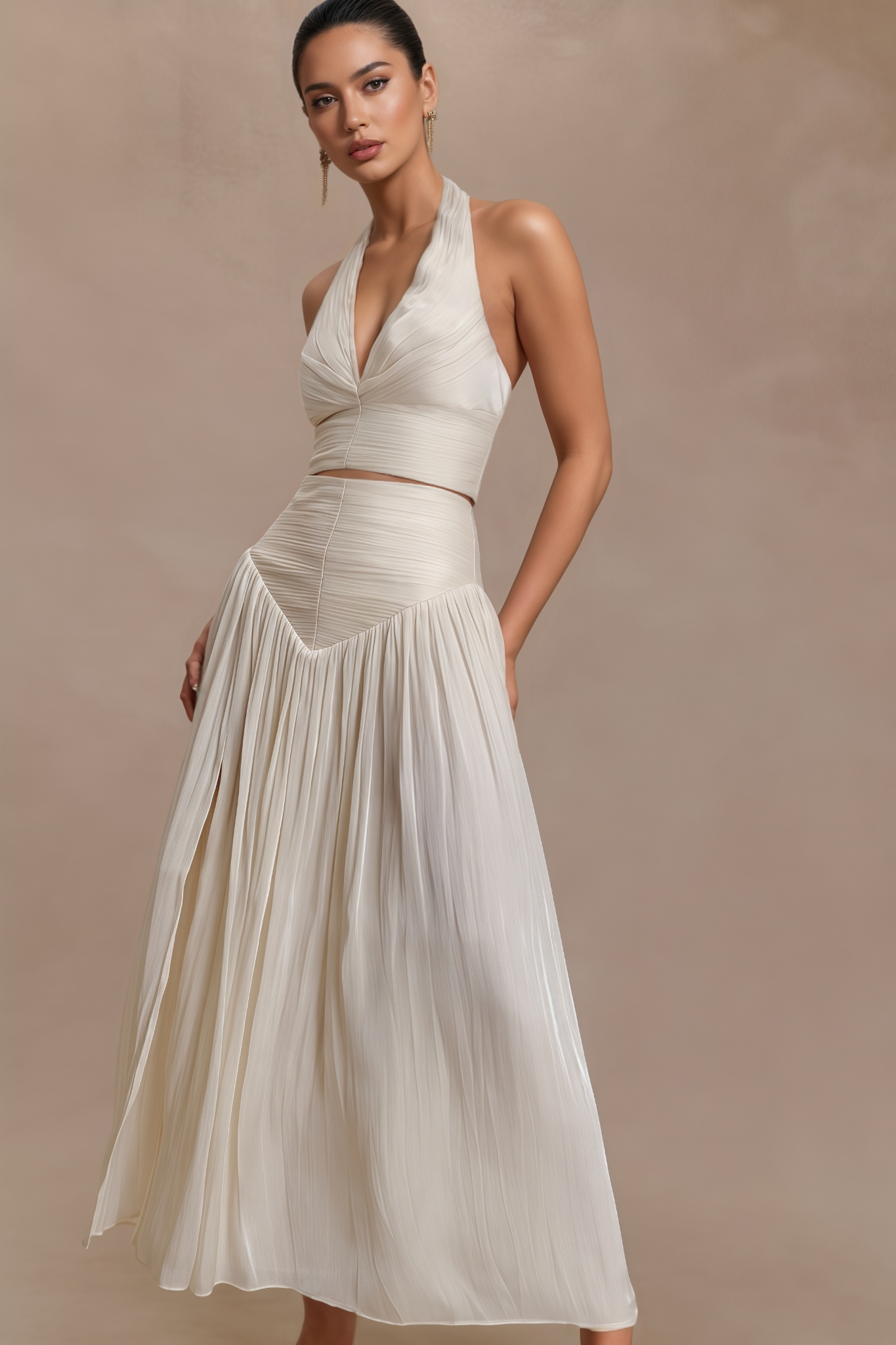 Harvprk White Gathered Maxi Dress Set