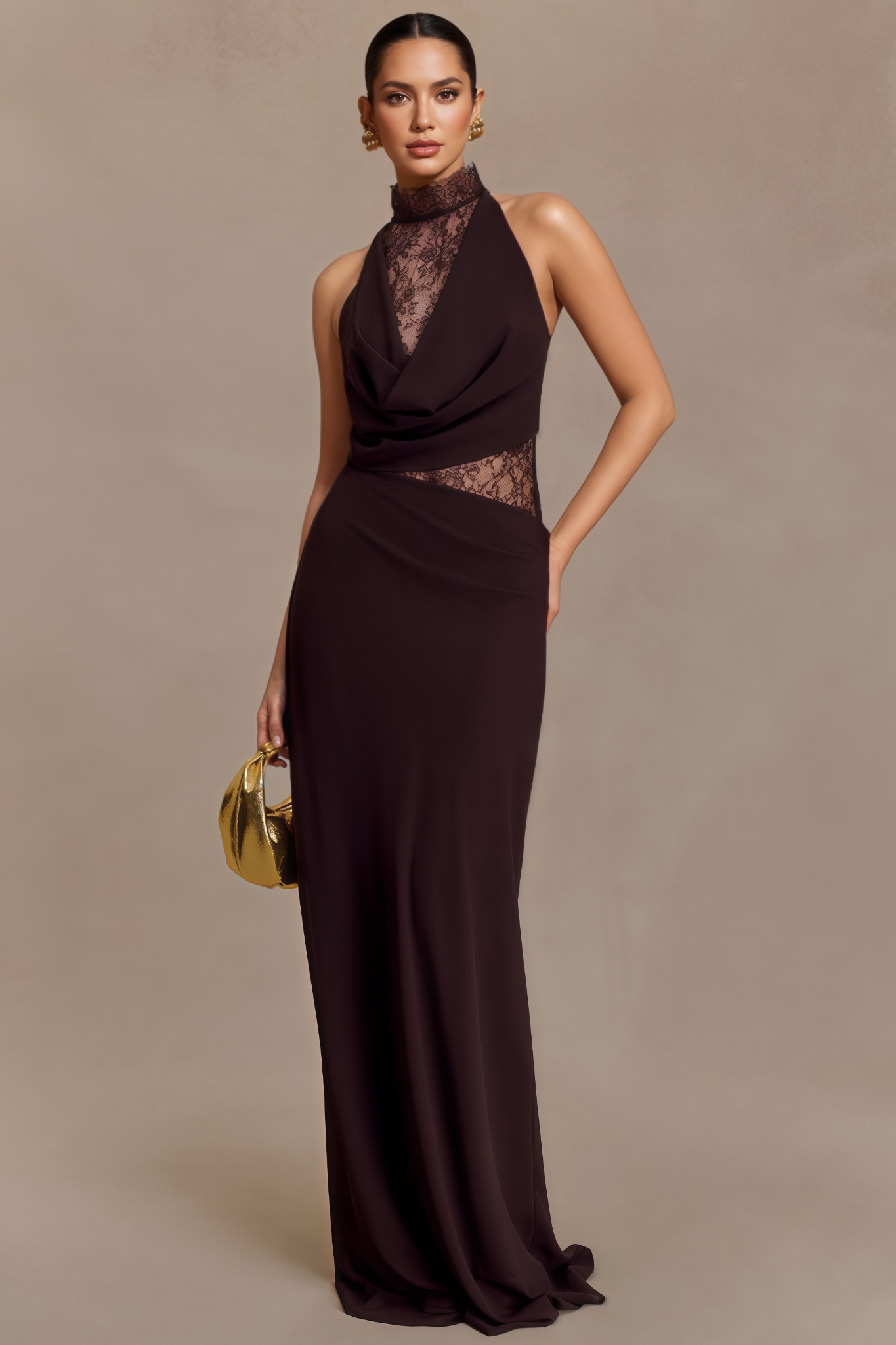 Gavre Brown Lace Halter Maxi Dress