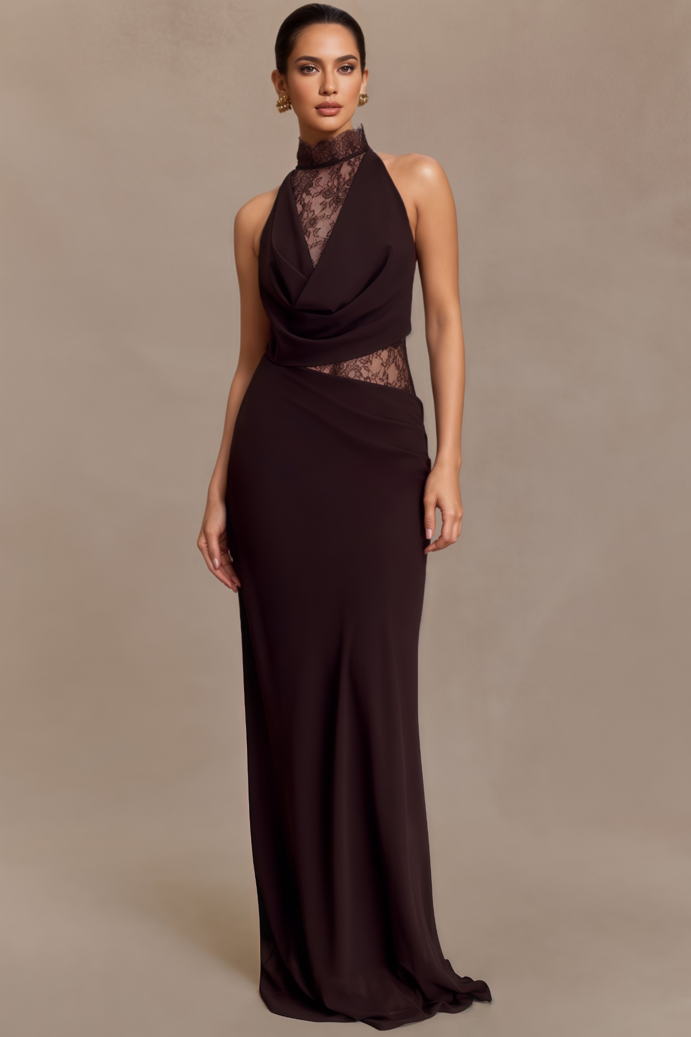 Gavre Brown Lace Halter Maxi Dress