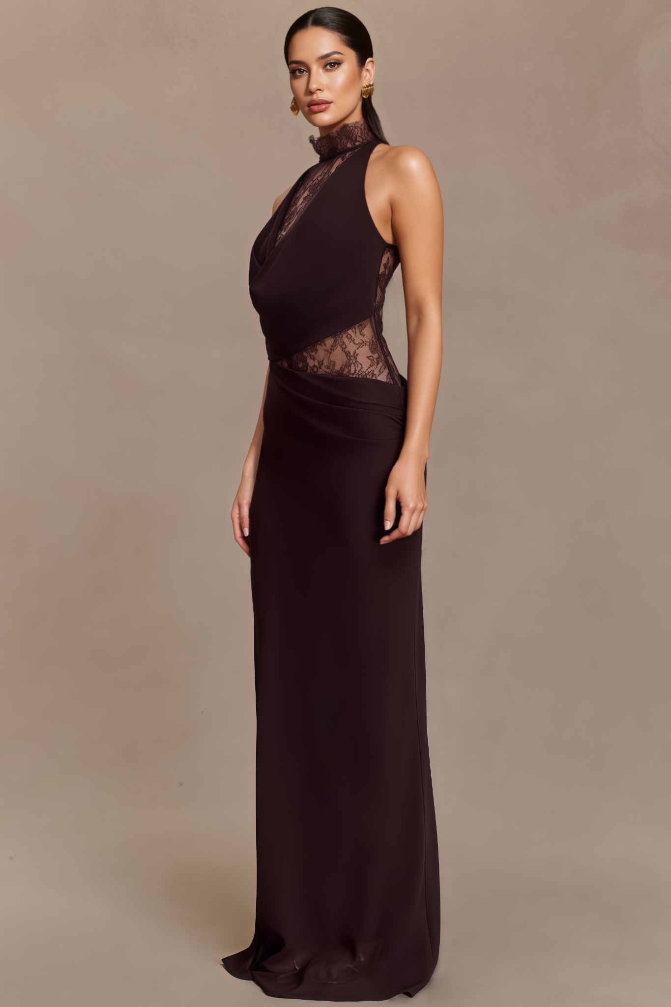 Gavre Brown Lace Halter Maxi Dress