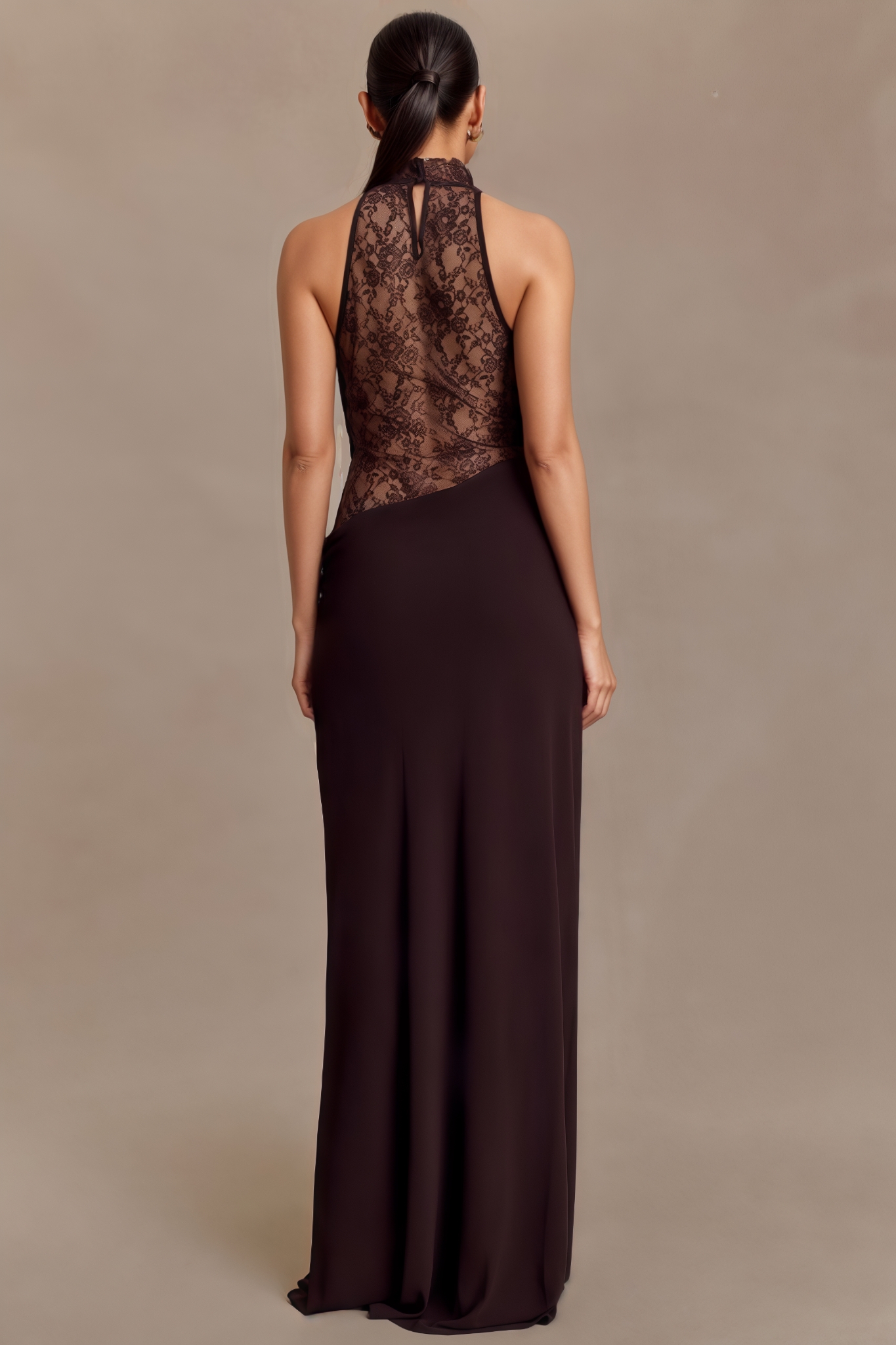 Gavre Brown Lace Halter Maxi Dress