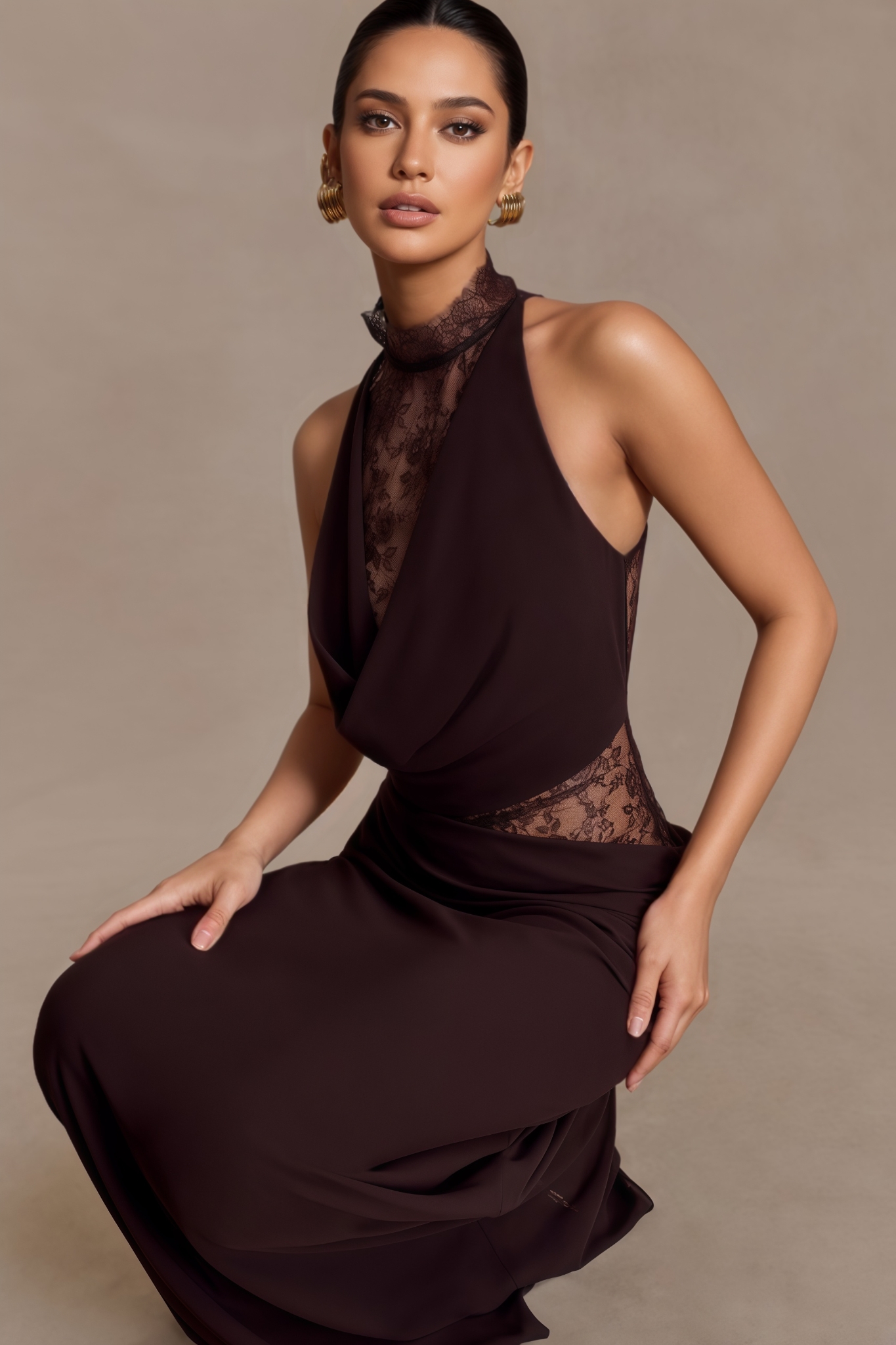 Gavre Brown Lace Halter Maxi Dress