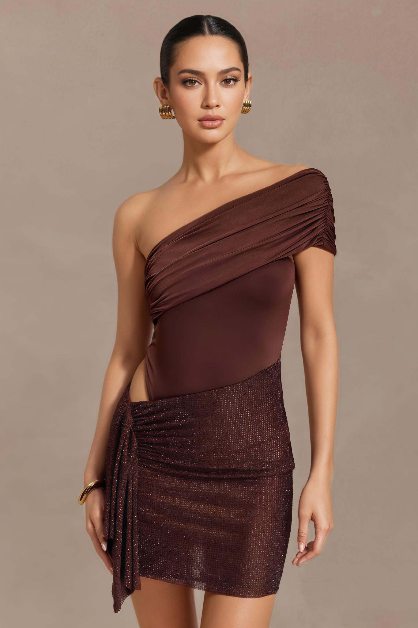 Thirae Brown Diamante Mini Dress