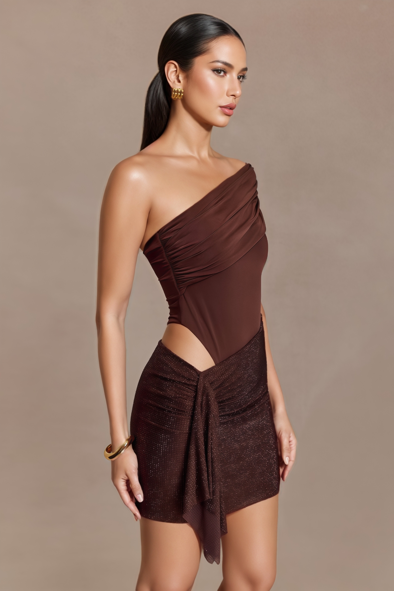 Thirae Brown Diamante Mini Dress