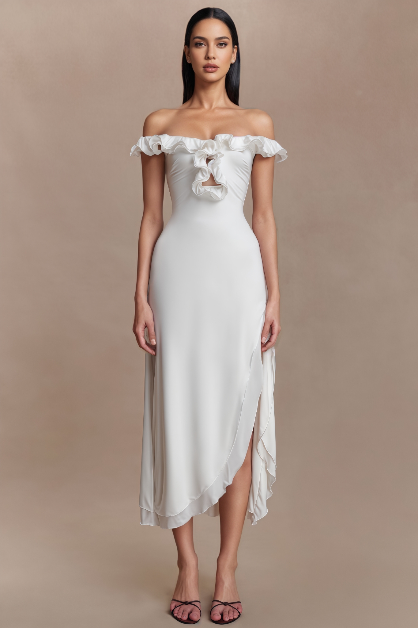 Darius White Off The Shoulder Ruffle Midi Dress